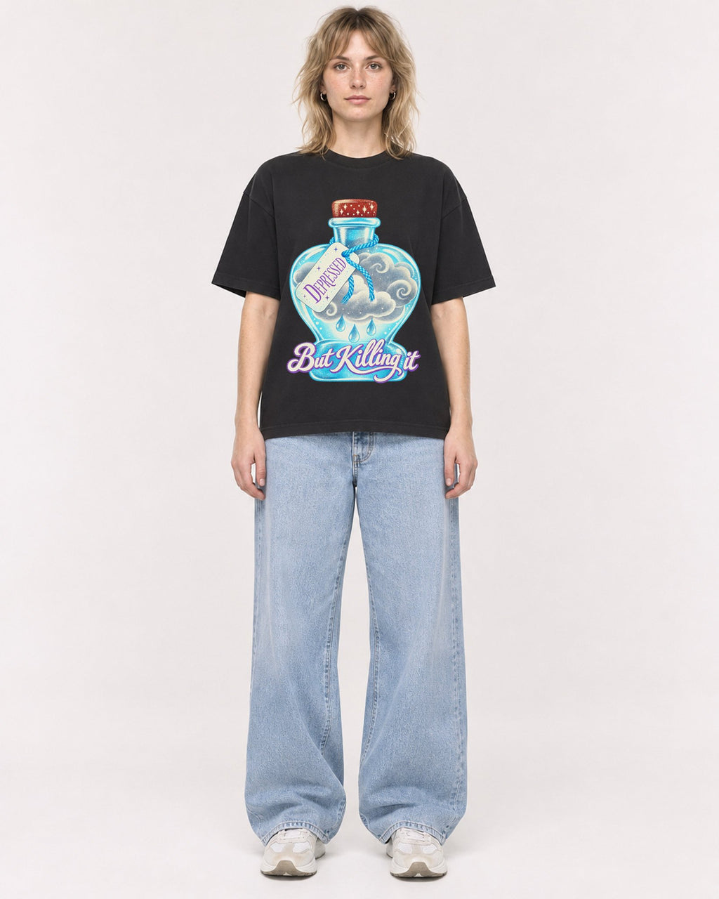 Mockup Boxy Heavyweight Tee Black female full-body 19