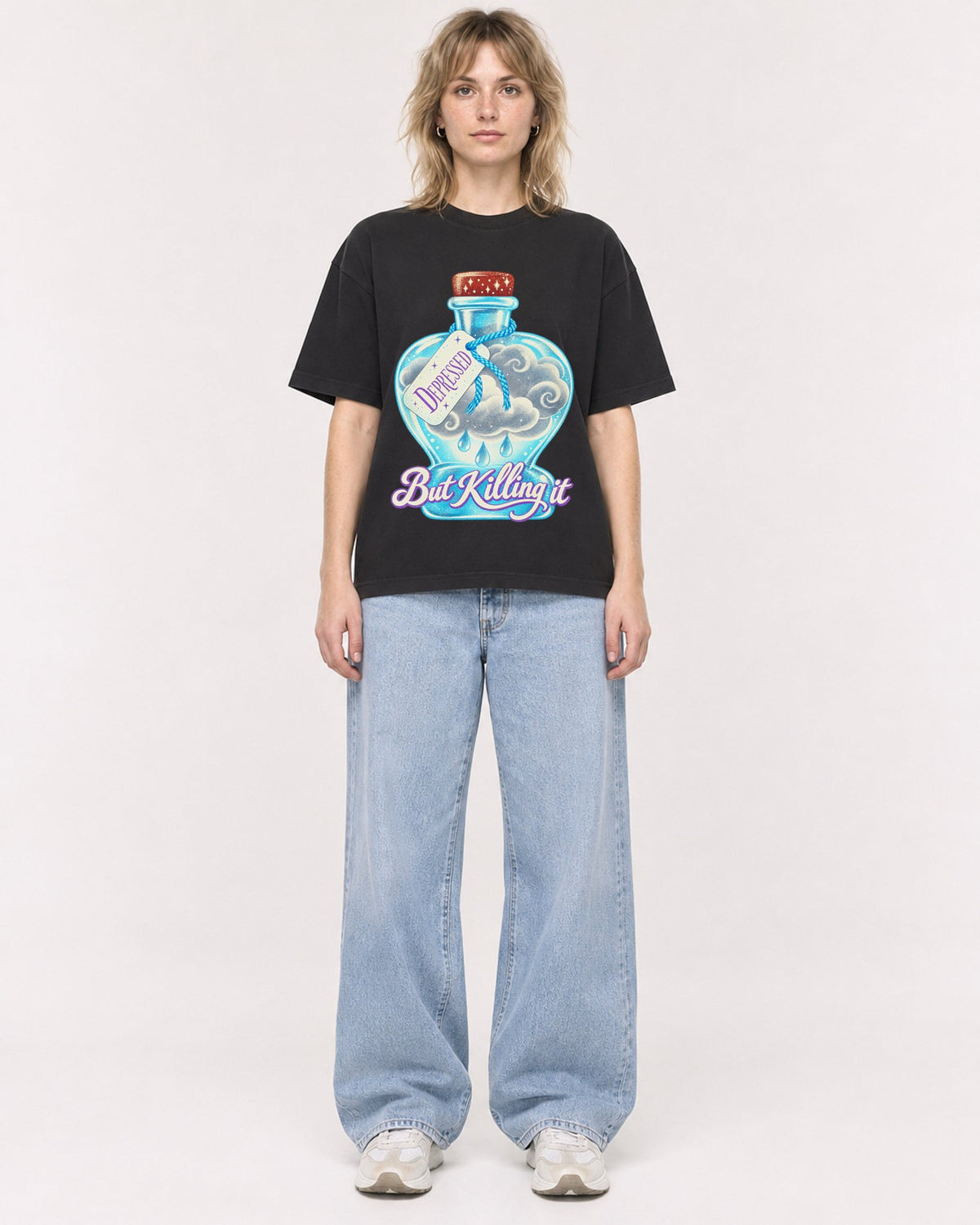 Mockup Boxy Heavyweight Tee Black female full-body 19