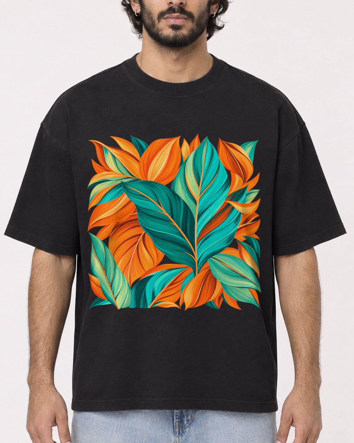 Mockup Boxy Heavyweight Tee Black male close-up 17