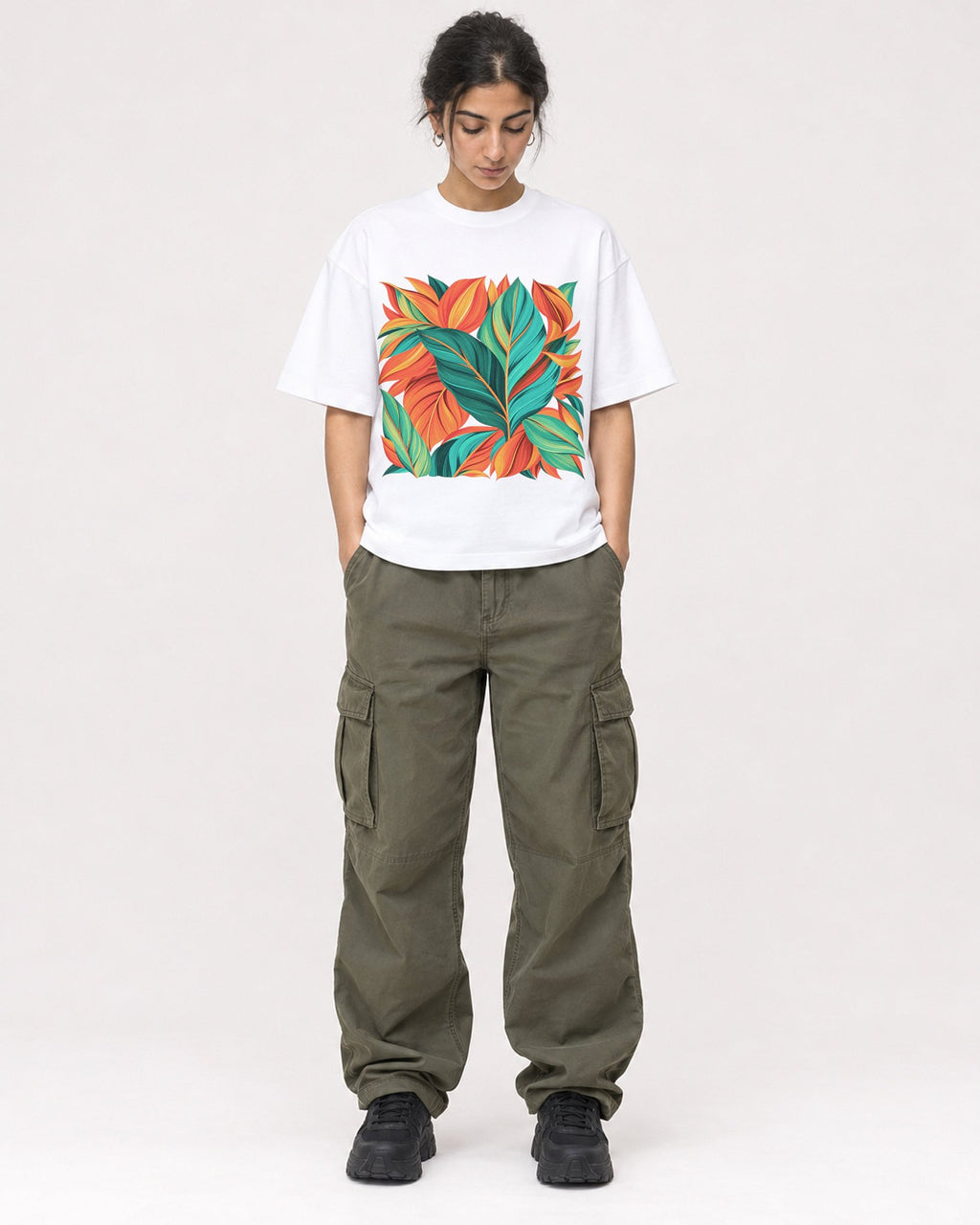 Mockup Boxy Heavyweight Tee White female full-body 17