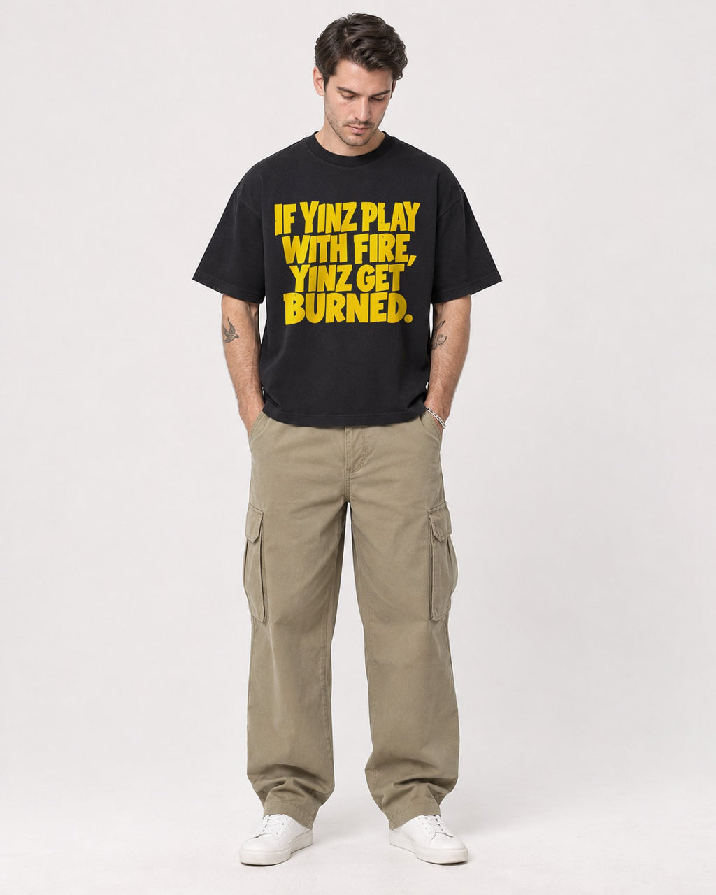 Mockup Boxy Heavyweight Tee Black male full-body 48