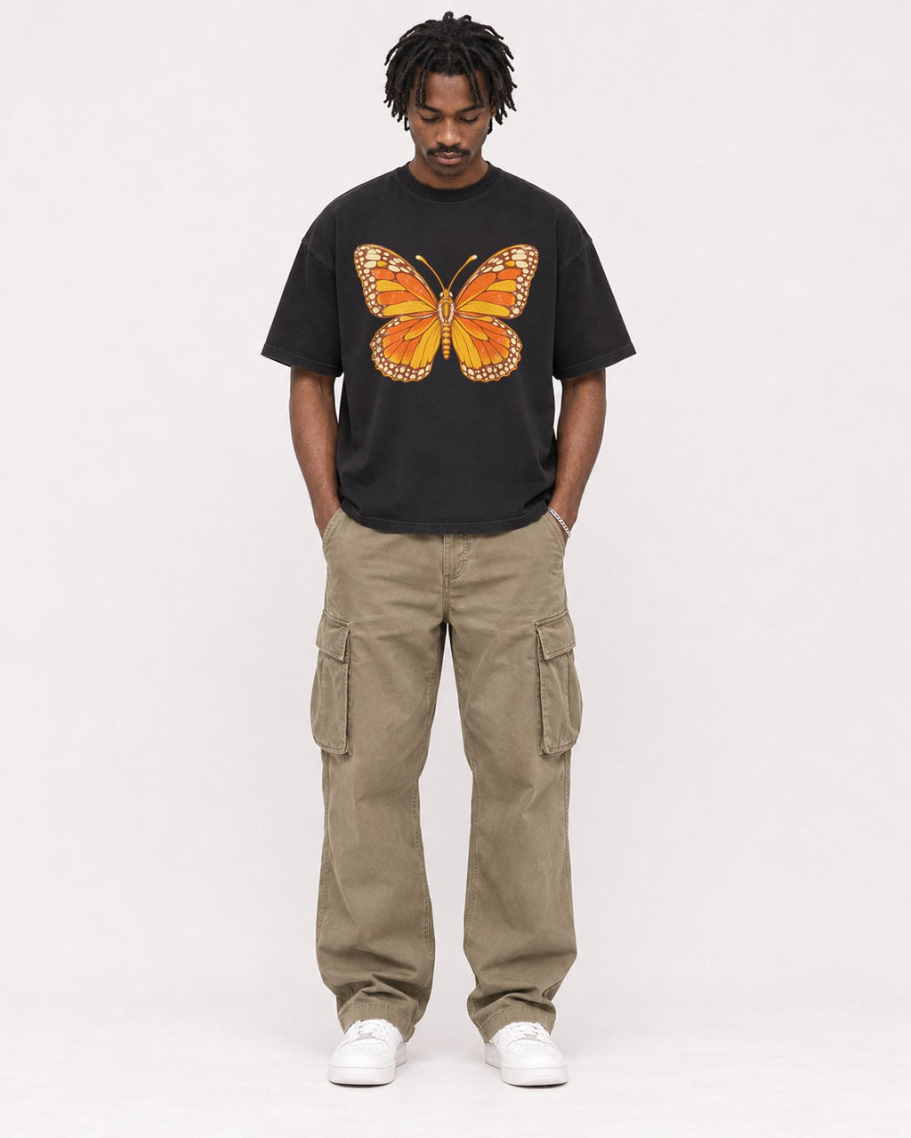 Mockup Boxy Heavyweight Tee Black male full-body 04
