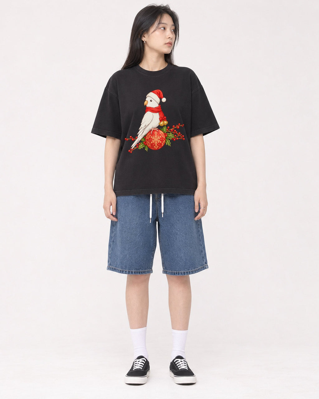 Mockup Boxy Heavyweight Tee Black female full-body 01