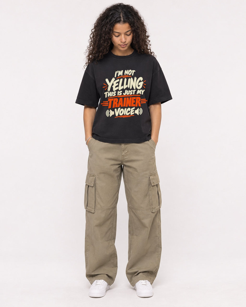 Mockup Boxy Heavyweight Tee Black female full-body 10