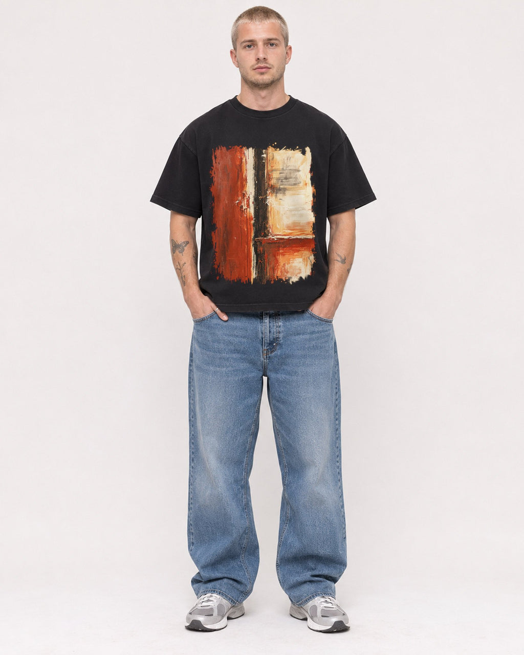 Mockup Boxy Heavyweight Tee Black male full-body 18