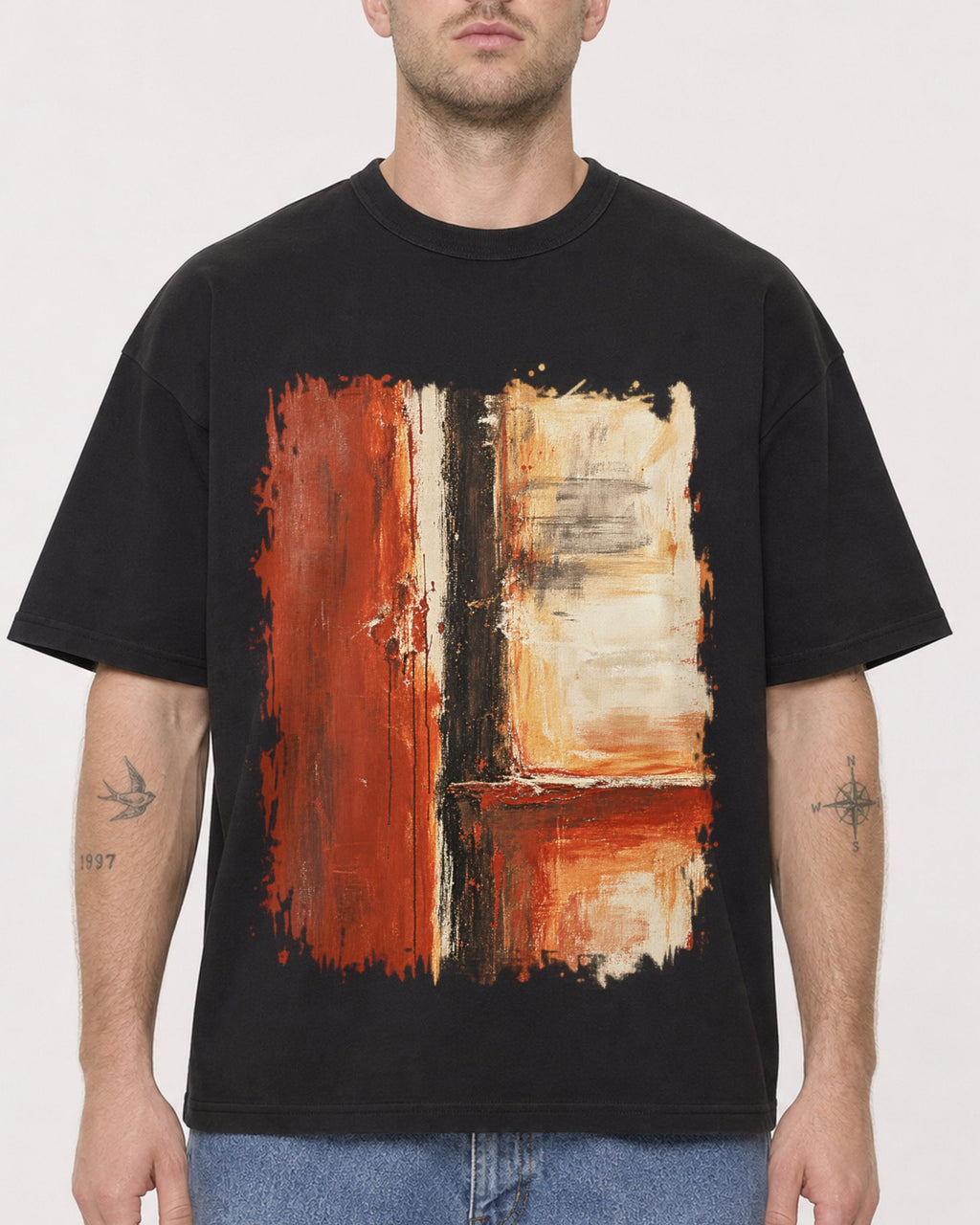Mockup Boxy Heavyweight Tee Black male close-up 18