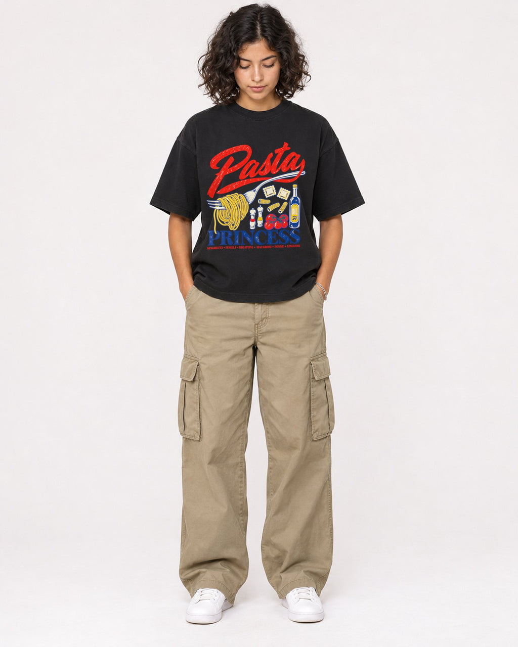 Mockup Boxy Heavyweight Tee Black female full-body 26