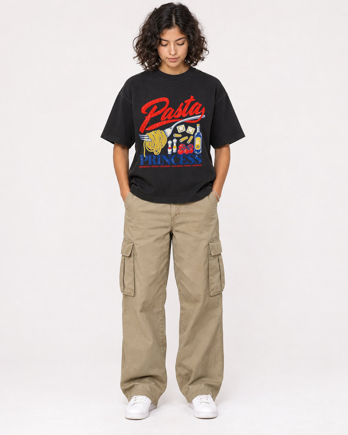 Mockup Boxy Heavyweight Tee Black female full-body 26