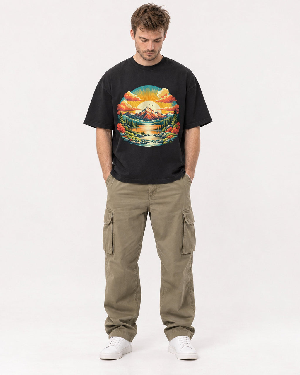 Mockup Boxy Heavyweight Tee Black male full-body 08