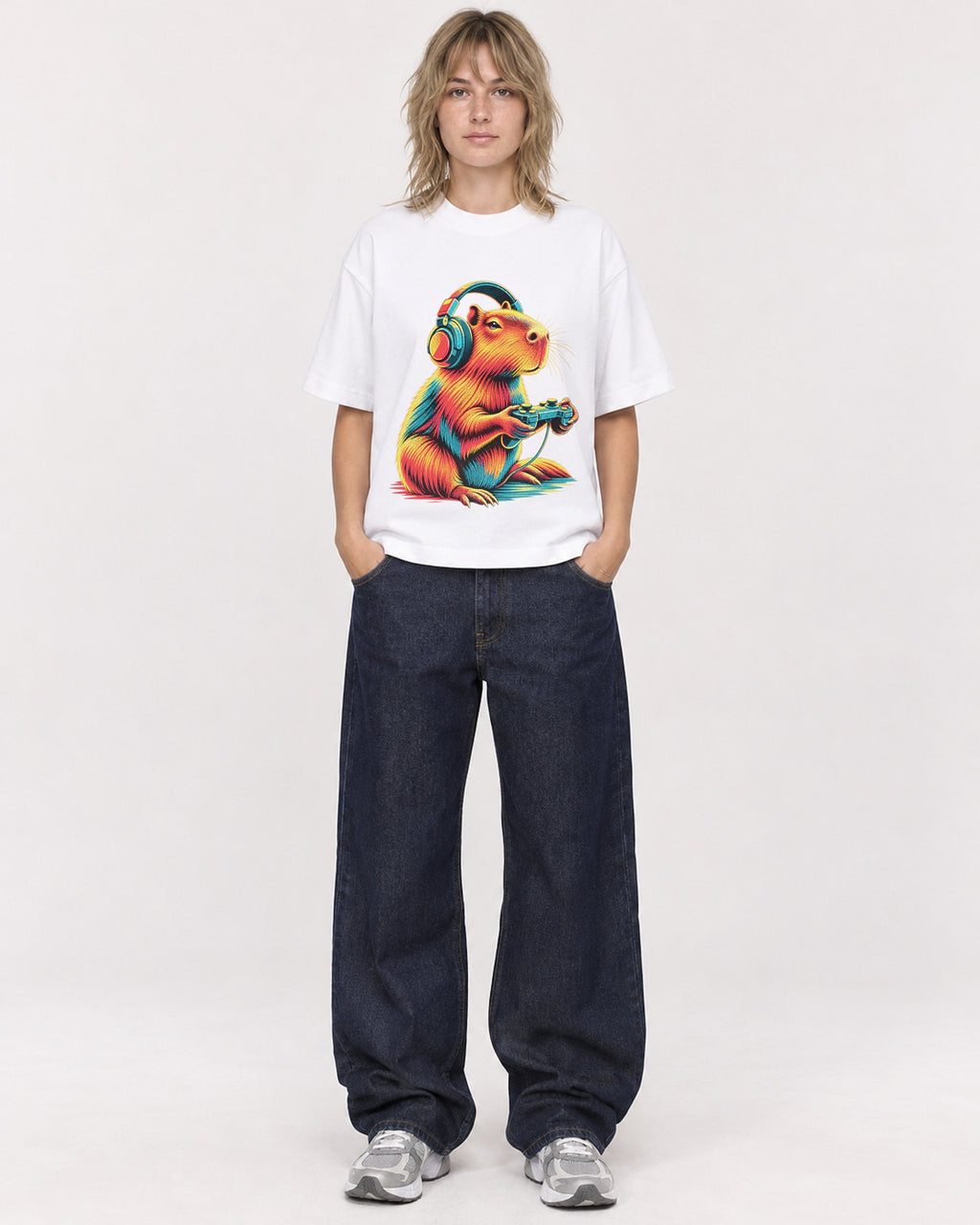 Mockup Boxy Heavyweight Tee White female full-body 19