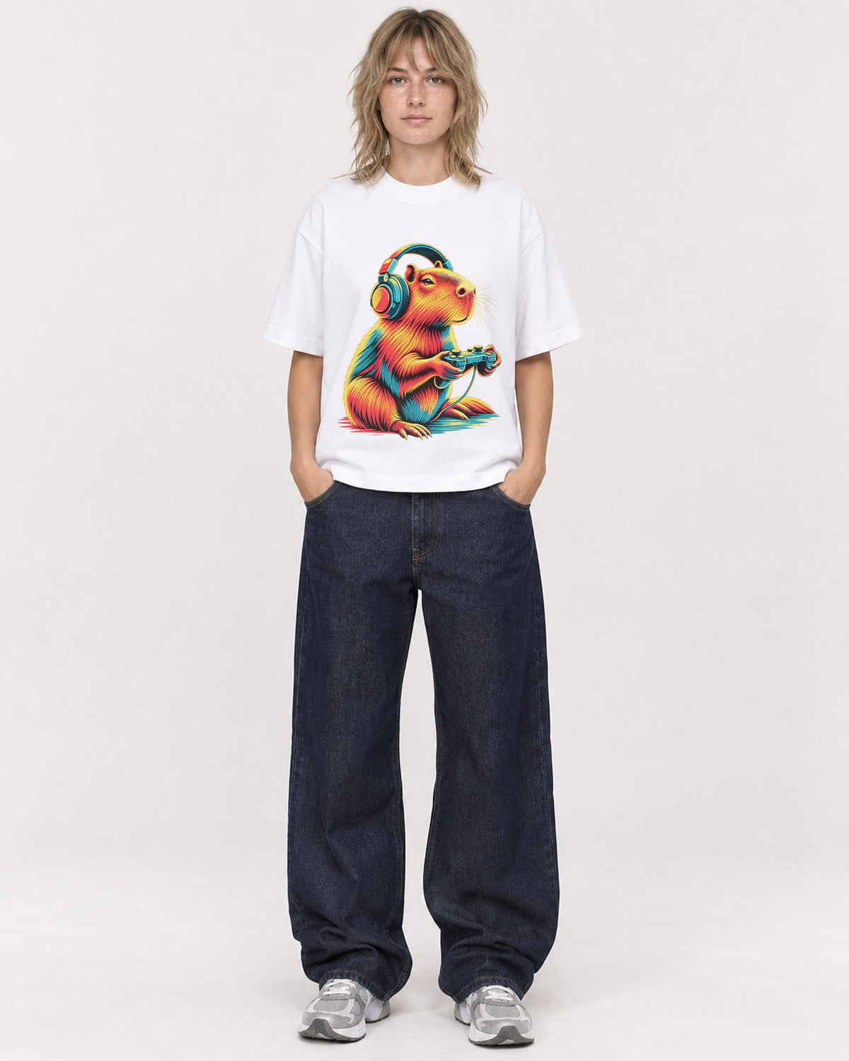 Mockup Boxy Heavyweight Tee White female full-body 19