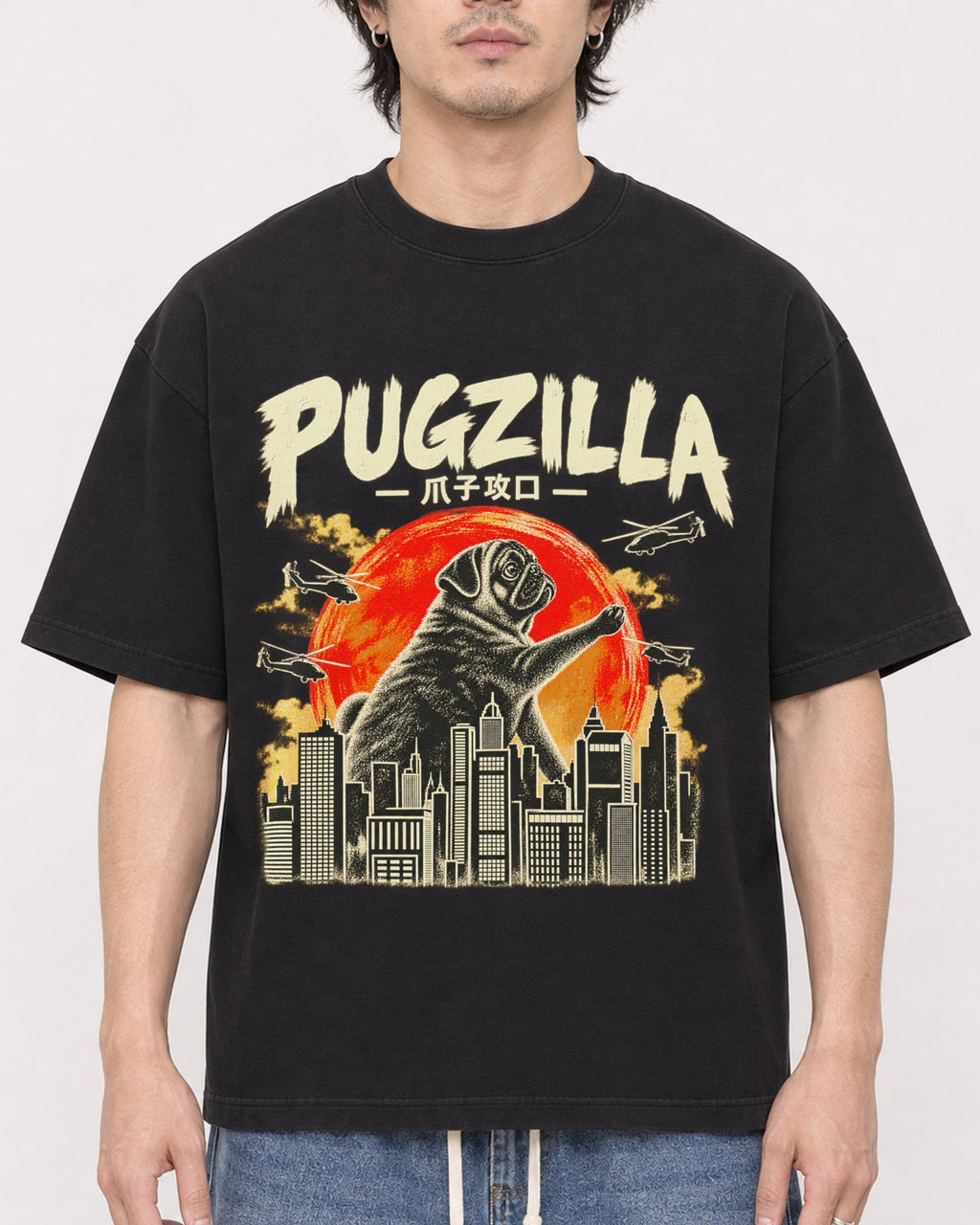 Mockup Boxy Heavyweight Tee Black male close-up 03