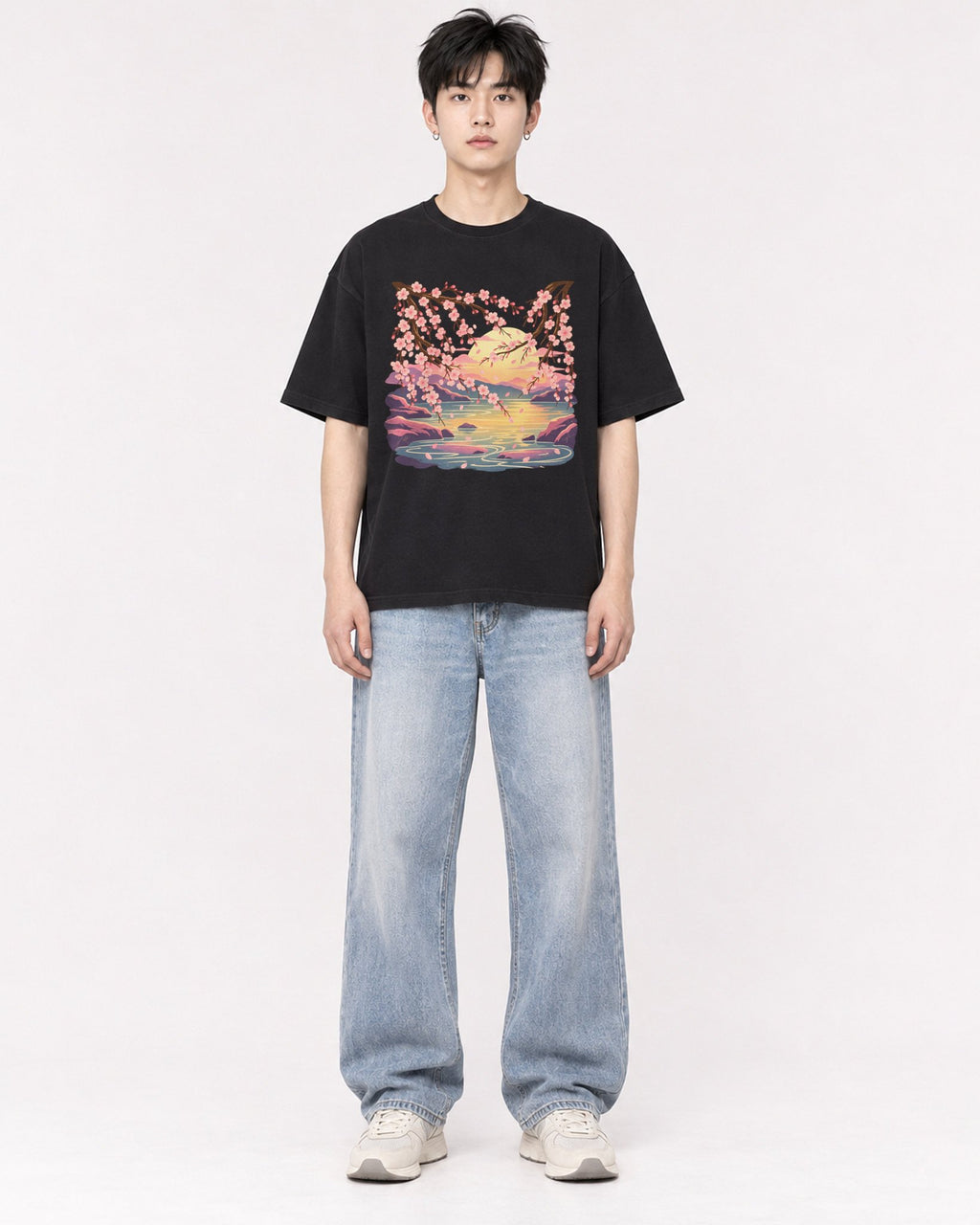Mockup Boxy Heavyweight Tee Black male full-body 01