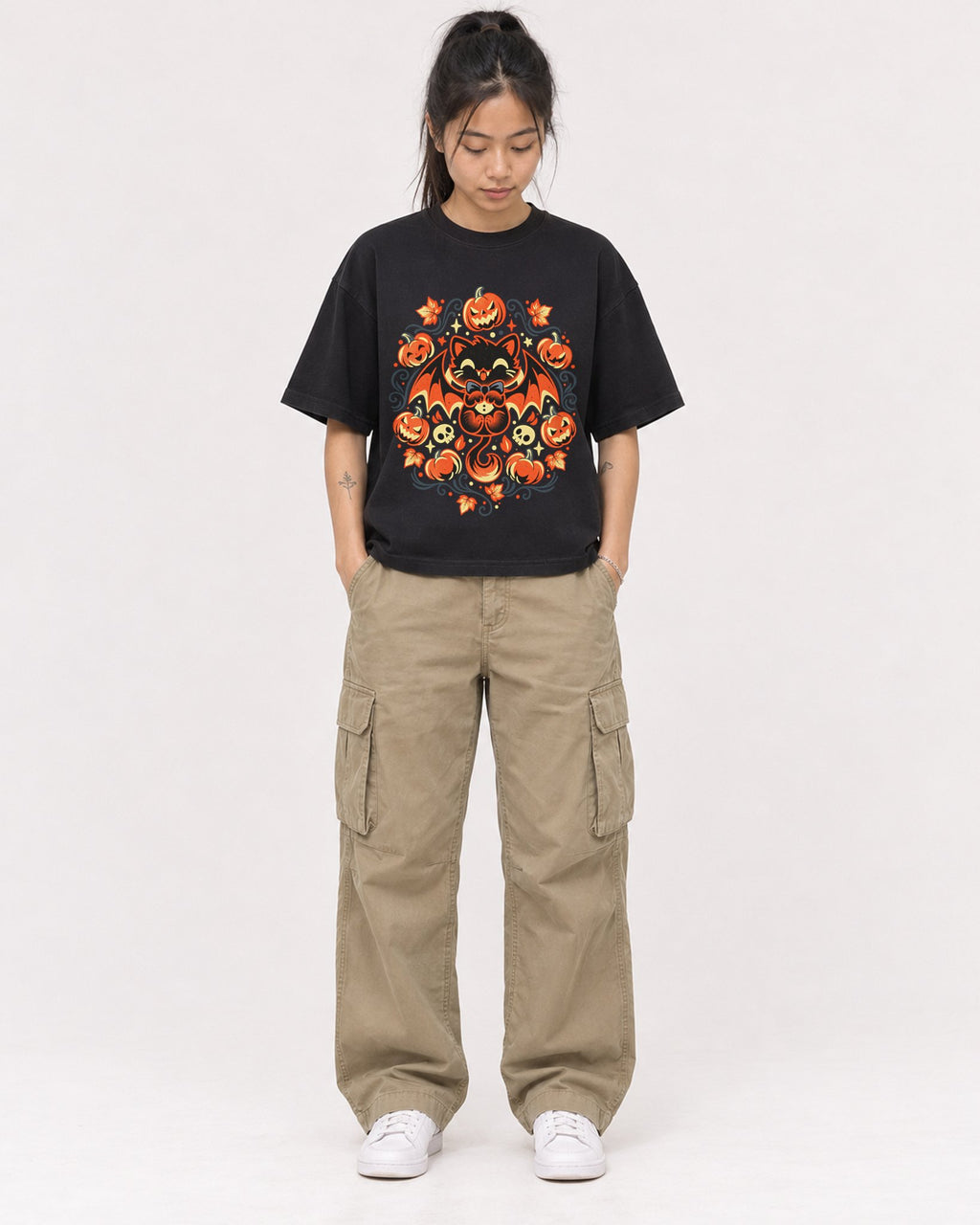 Mockup Boxy Heavyweight Tee Black female full-body 42