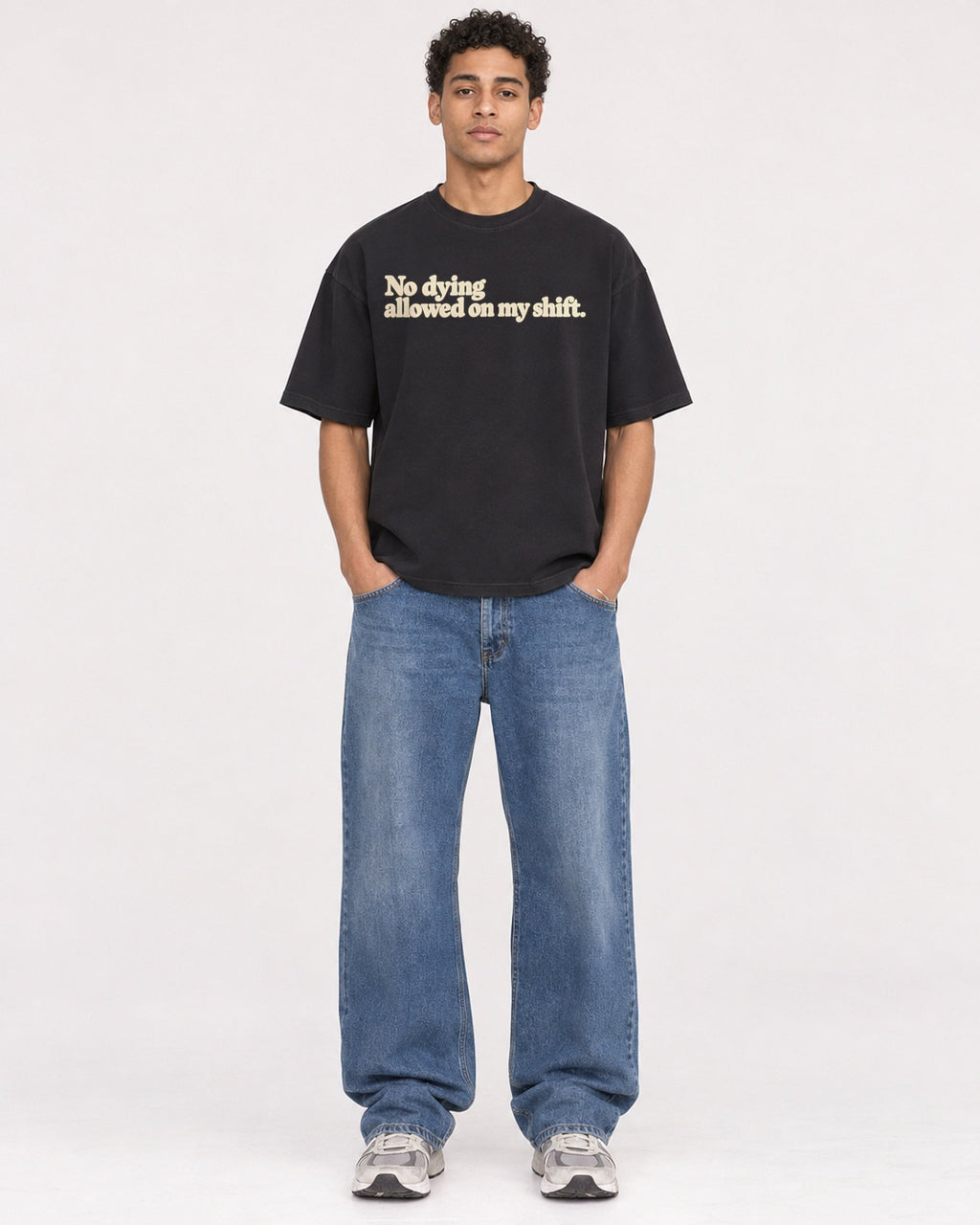 Mockup Boxy Heavyweight Tee Black male full-body 10