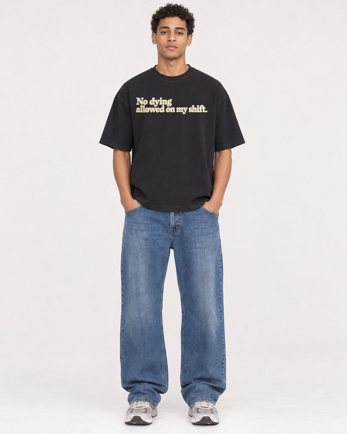 Mockup Boxy Heavyweight Tee Black male full-body 10