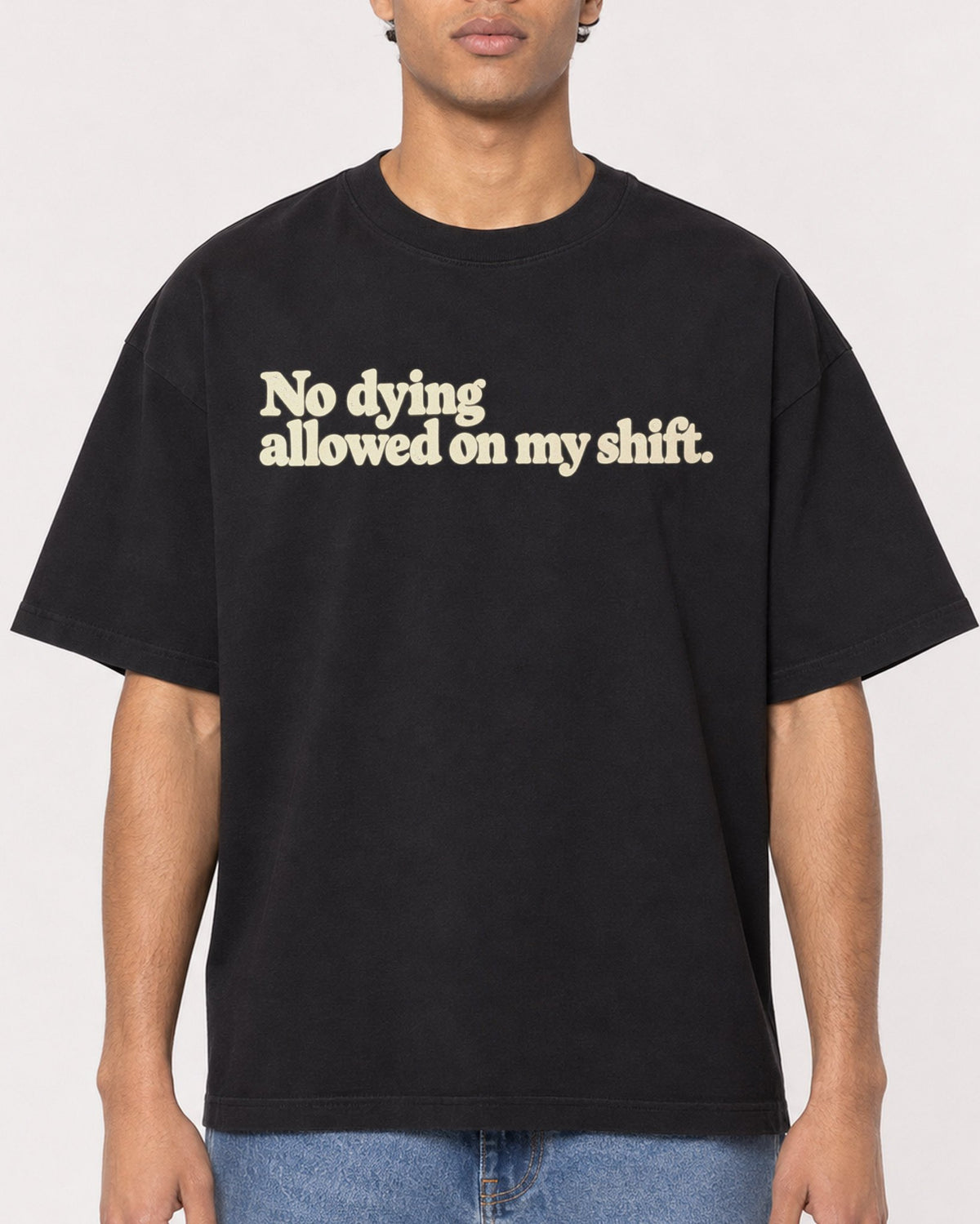 Mockup Boxy Heavyweight Tee Black male close-up 10