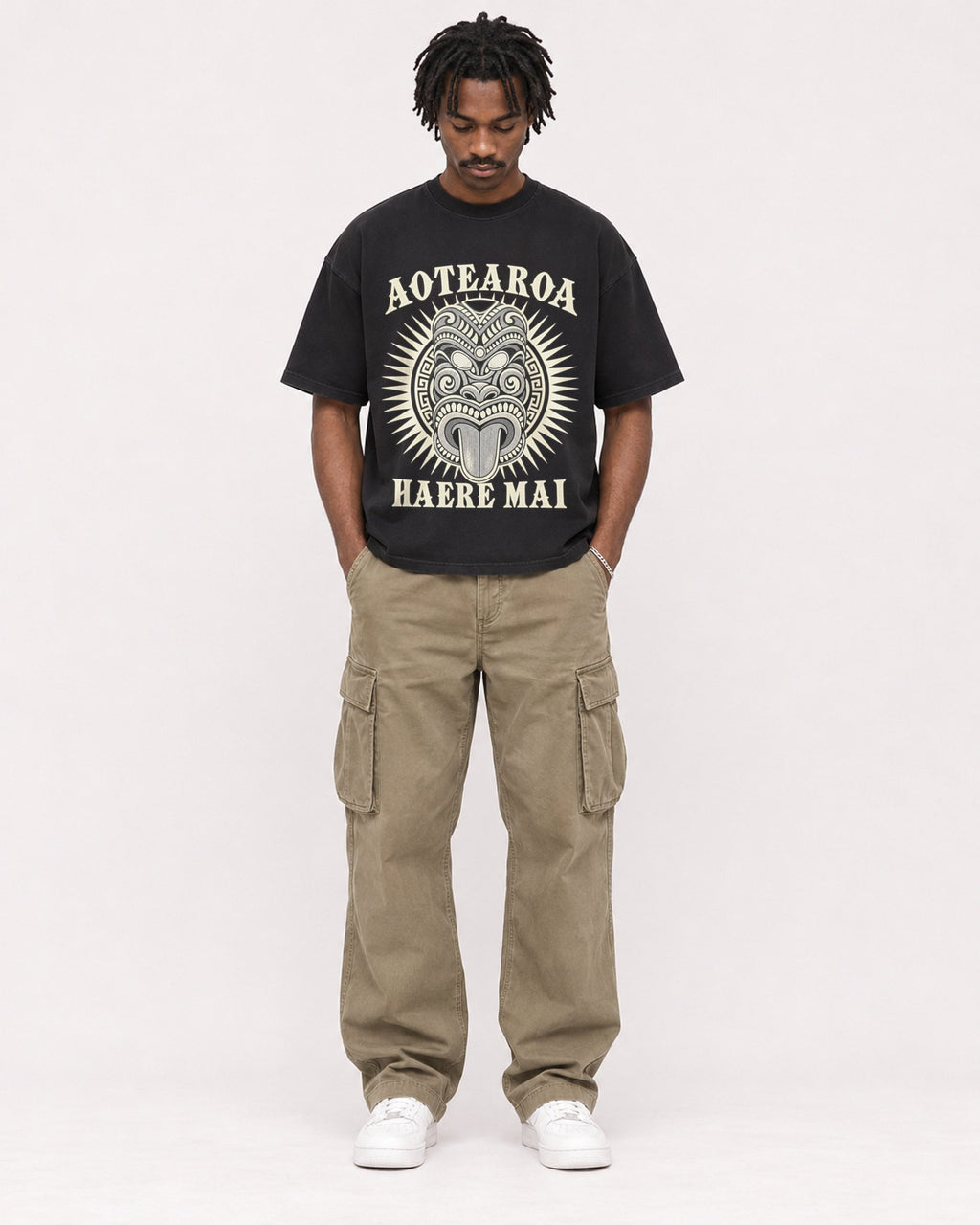 Mockup Boxy Heavyweight Tee Black male full-body 04