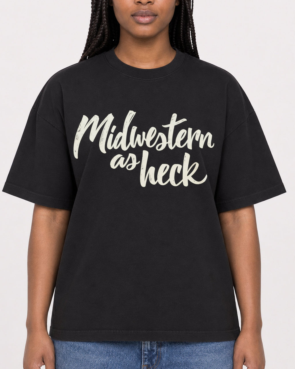 Mockup Boxy Heavyweight Tee Black female close-up 04