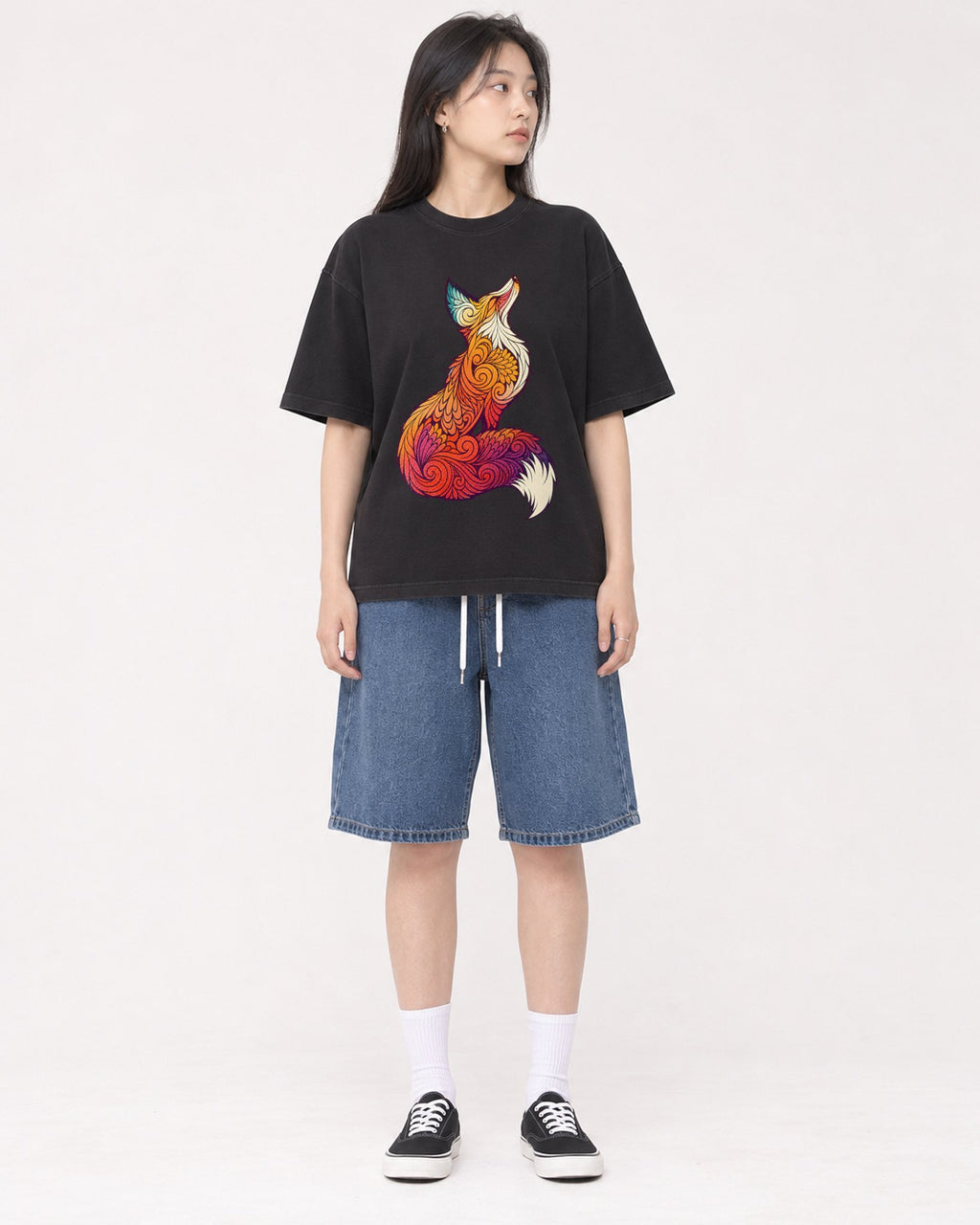 Mockup Boxy Heavyweight Tee Black female full-body 01