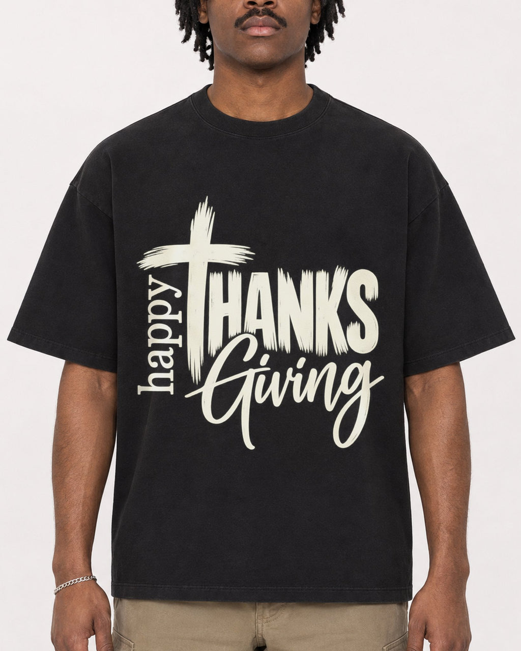 Mockup Boxy Heavyweight Tee Black male close-up 04