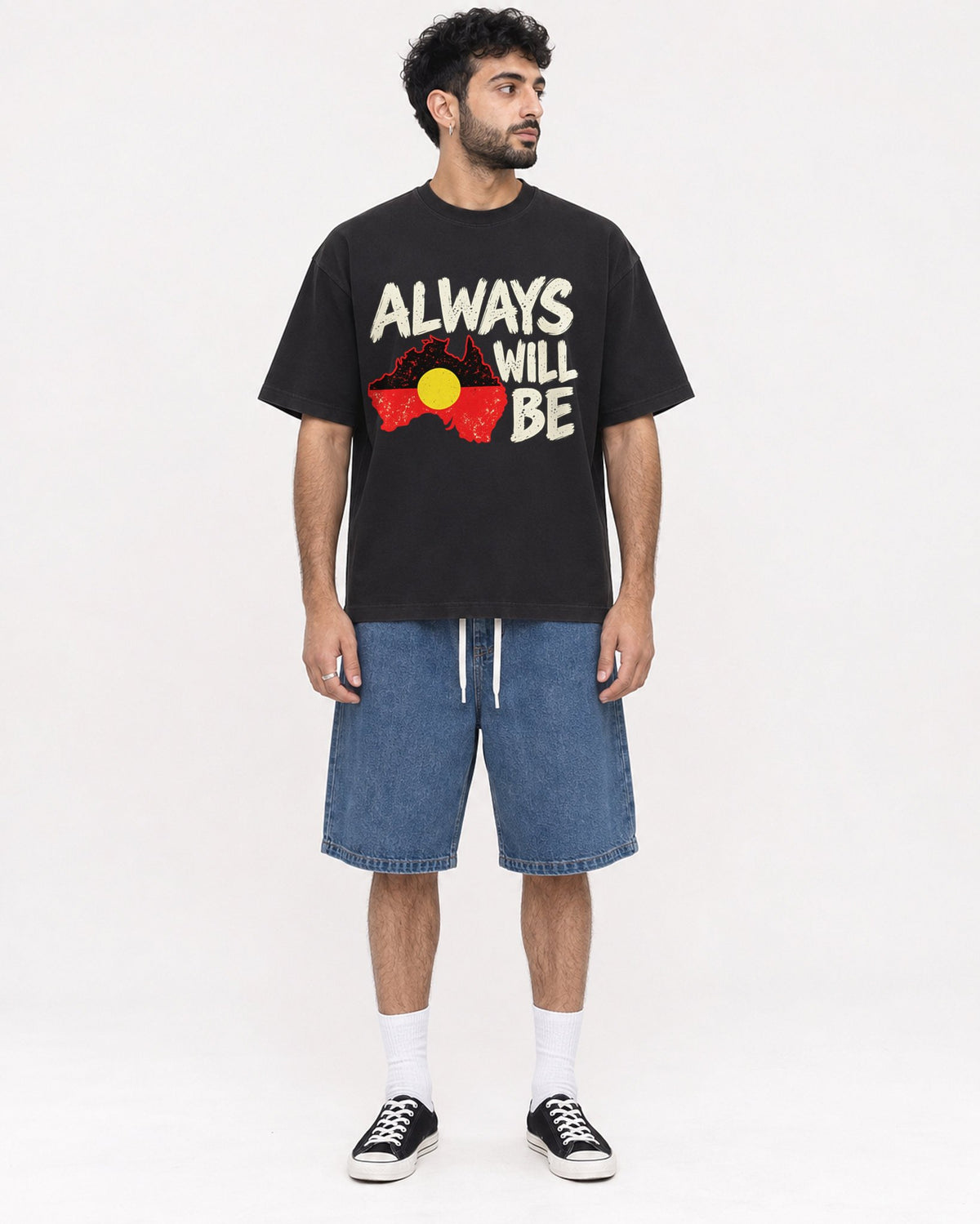 Mockup Boxy Heavyweight Tee Black male full-body 07