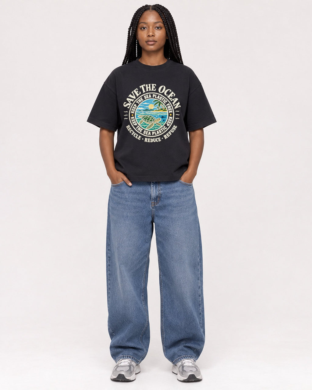 Mockup Boxy Heavyweight Tee Black female full-body 04
