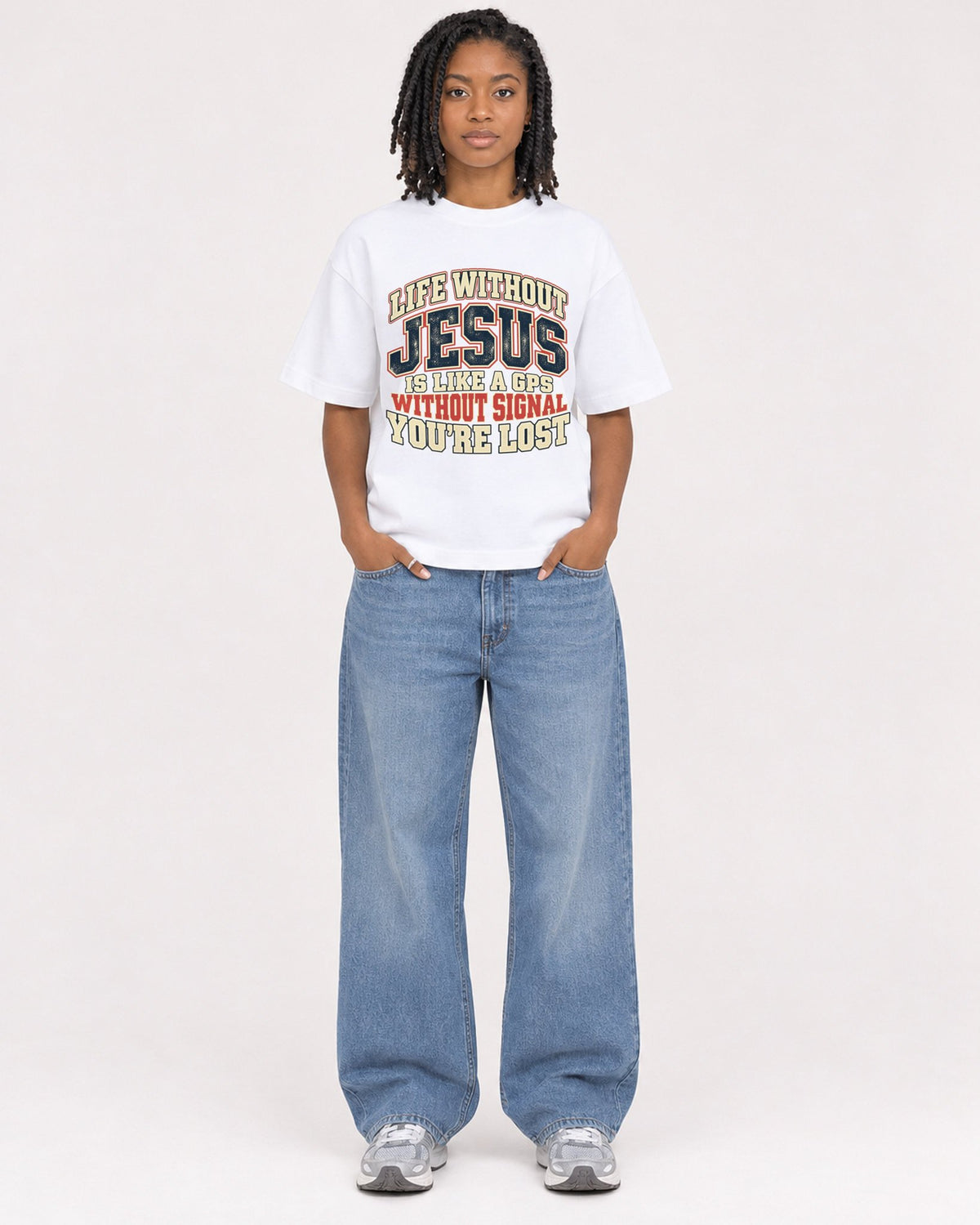 Mockup Boxy Heavyweight Tee White female full-body 15