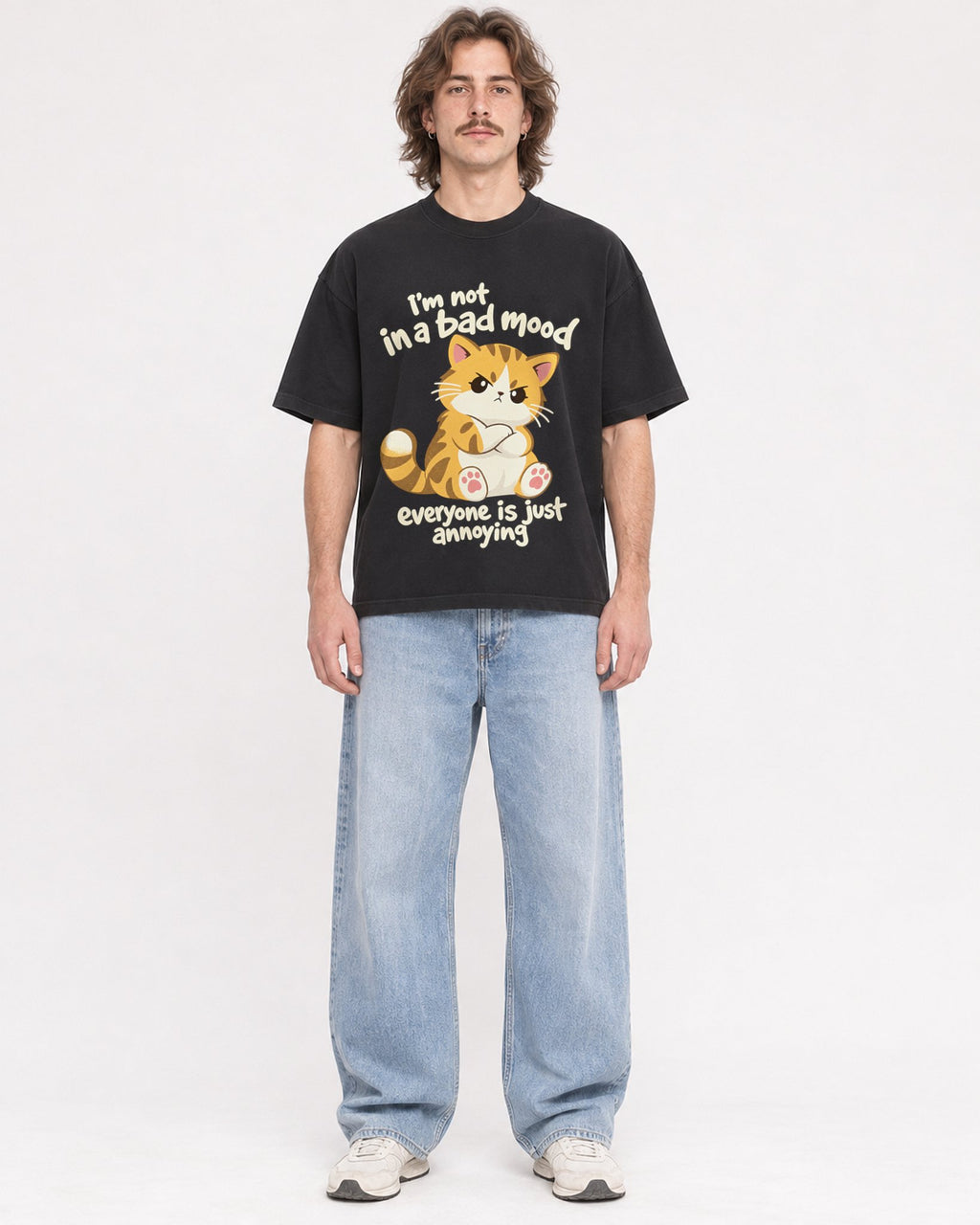 Mockup Boxy Heavyweight Tee Black male full-body 49