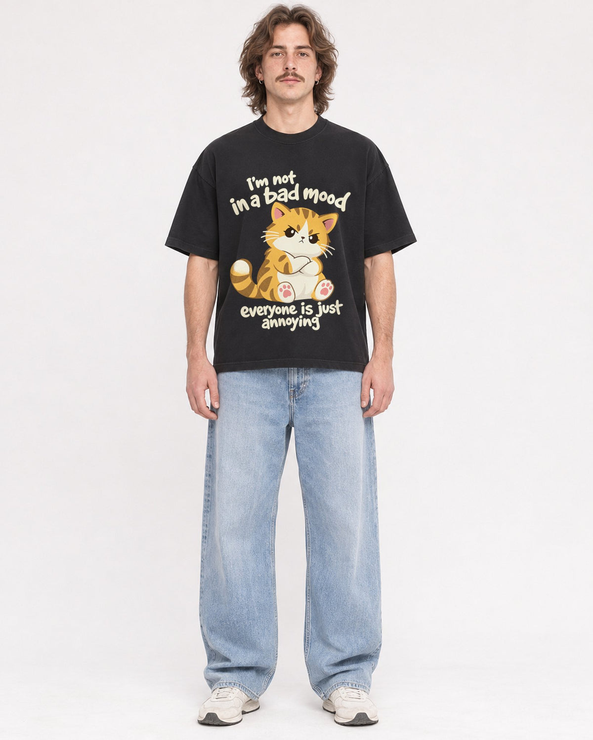 Mockup Boxy Heavyweight Tee Black male full-body 49