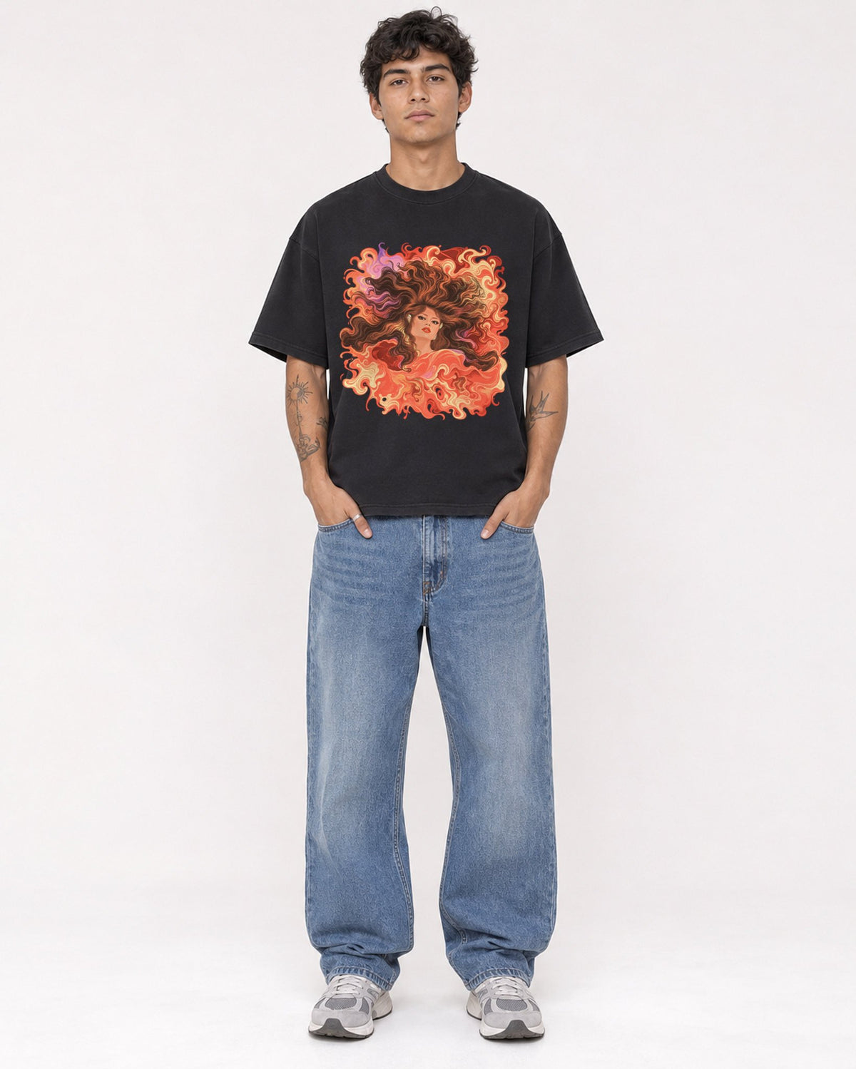 Mockup Boxy Heavyweight Tee Black male full-body 06