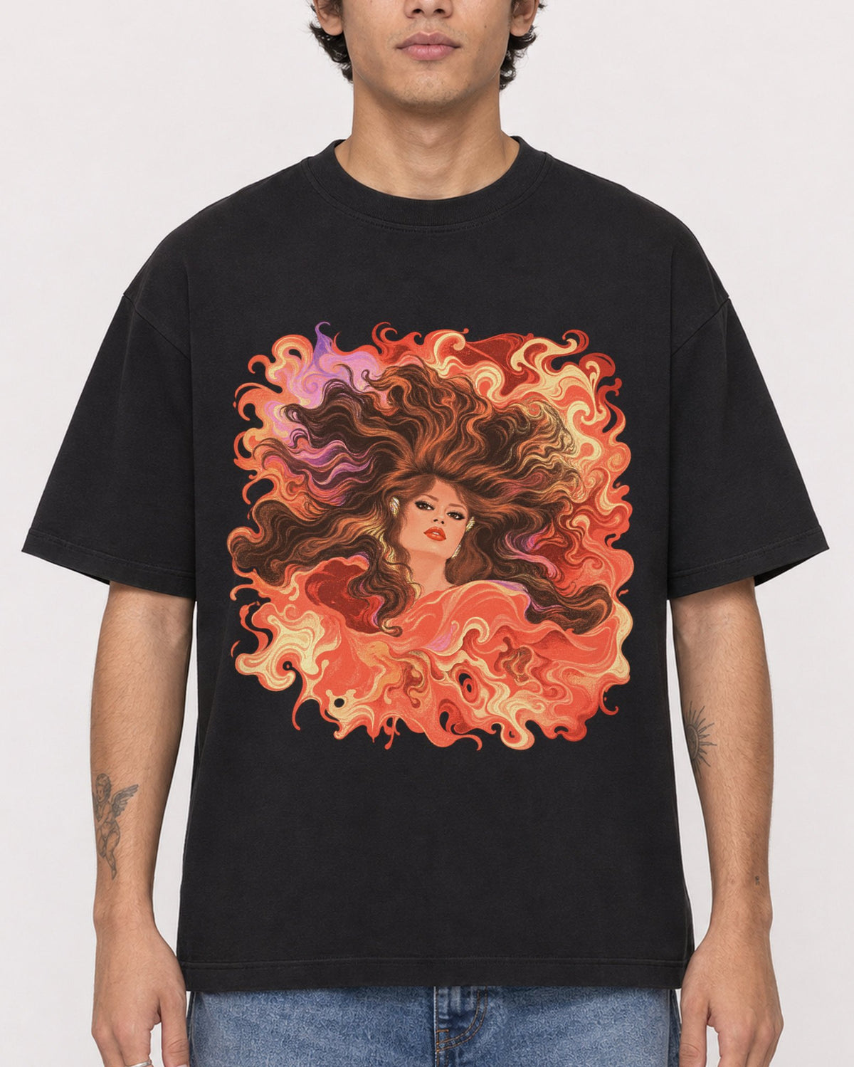 Mockup Boxy Heavyweight Tee Black male close-up 06