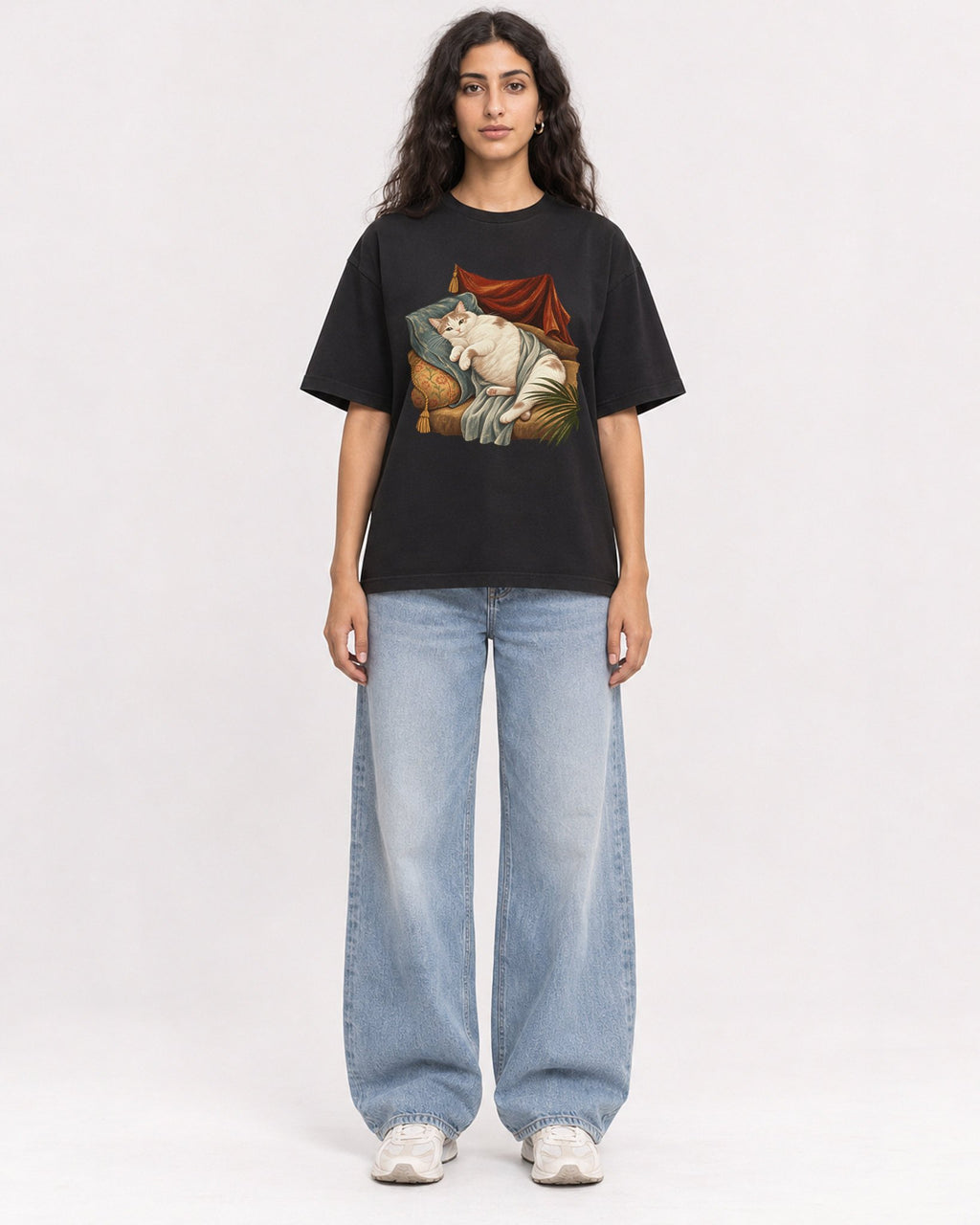 Mockup Boxy Heavyweight Tee Black female full-body 07
