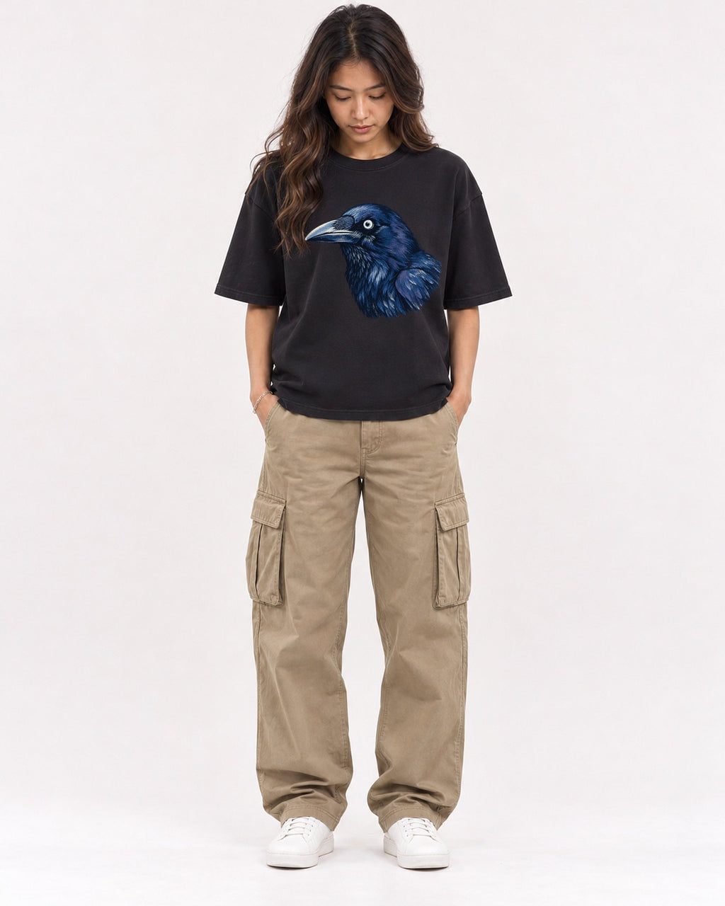 Mockup Boxy Heavyweight Tee Black female full-body 02