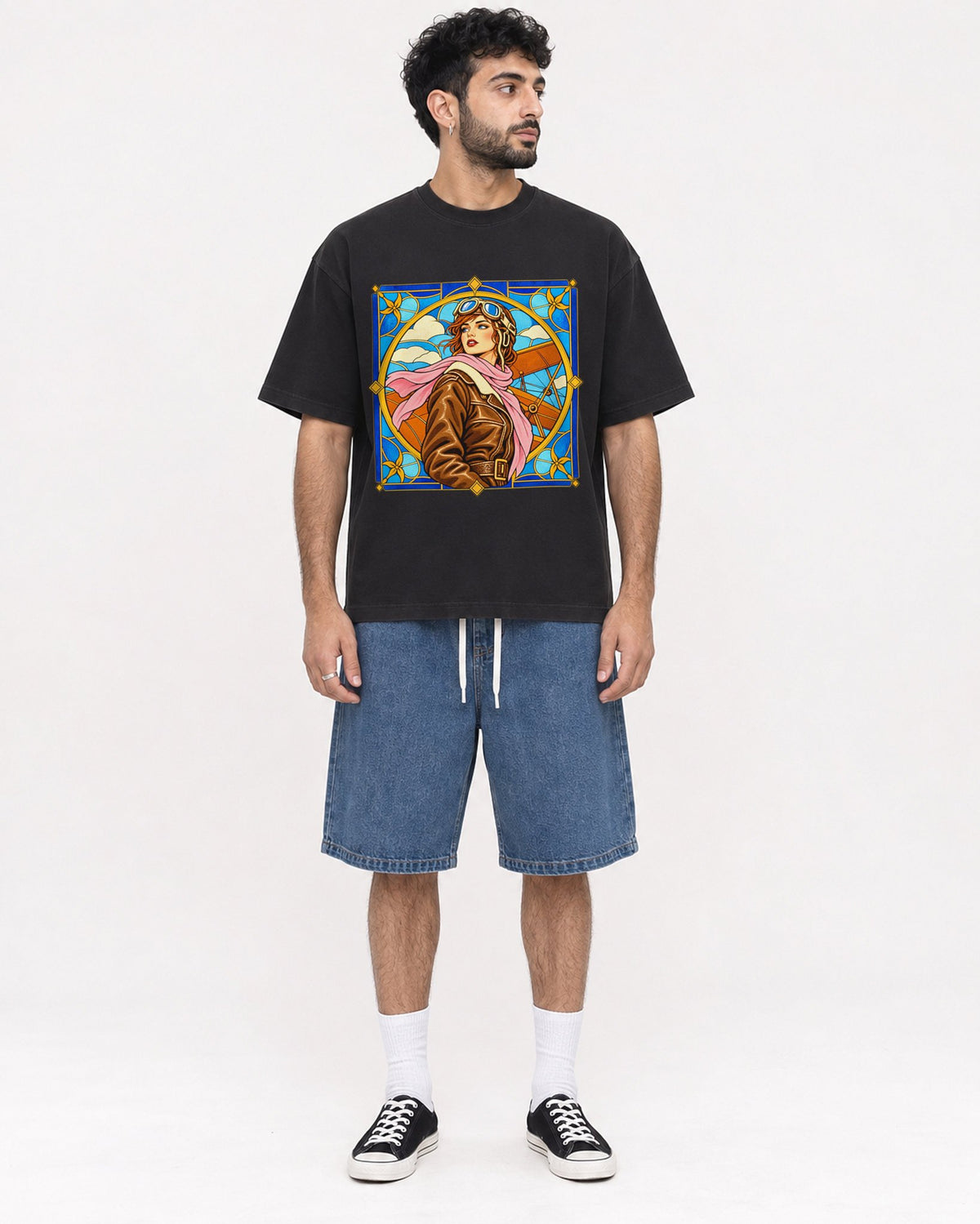 Mockup Boxy Heavyweight Tee Black male full-body 07