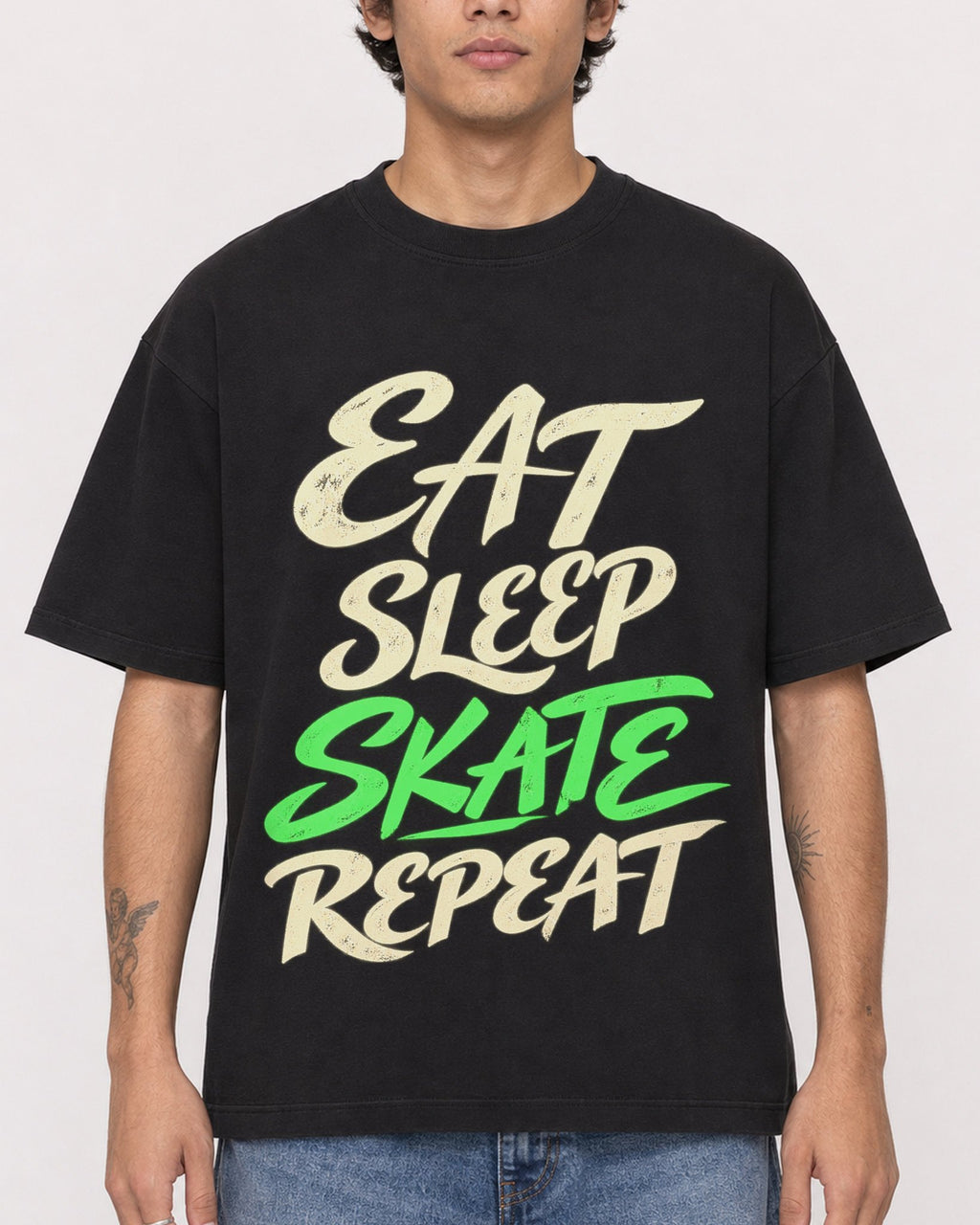 Mockup Boxy Heavyweight Tee Black male close-up 06