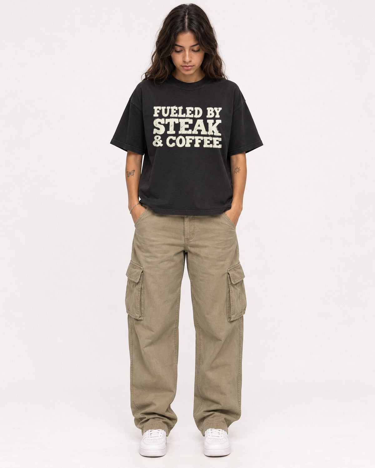 Mockup Boxy Heavyweight Tee Black female full-body 06
