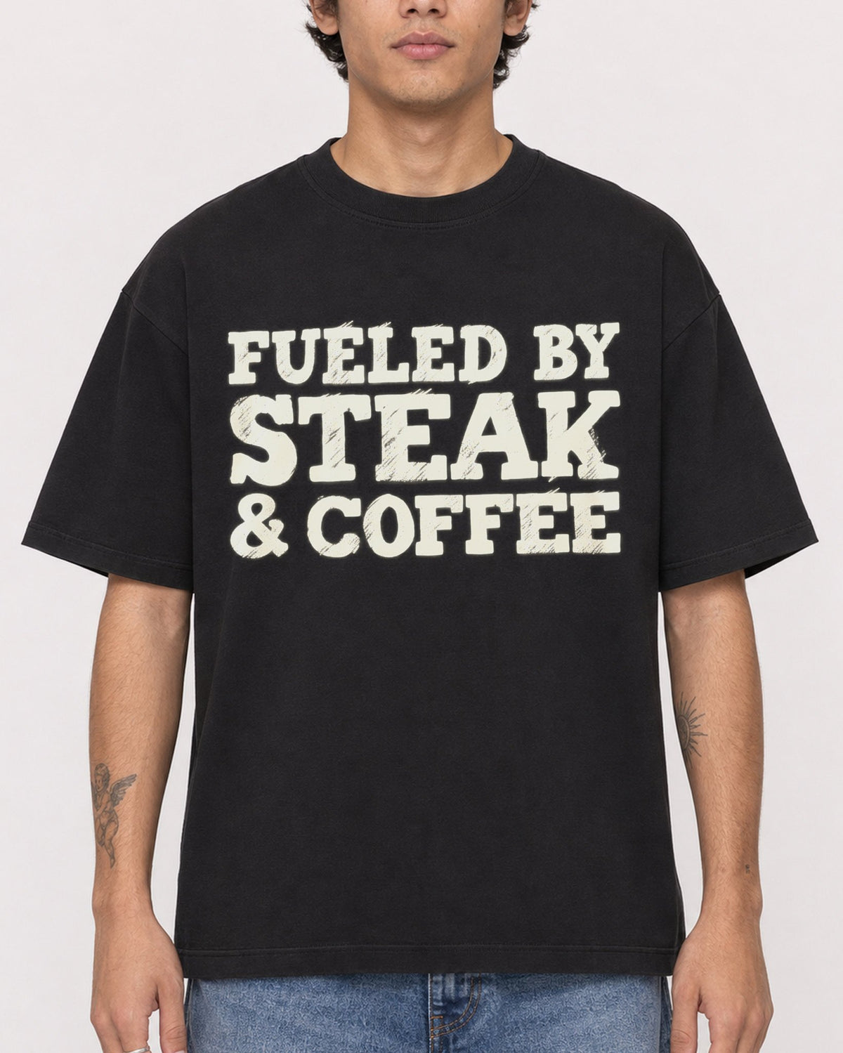Mockup Boxy Heavyweight Tee Black male close-up 06