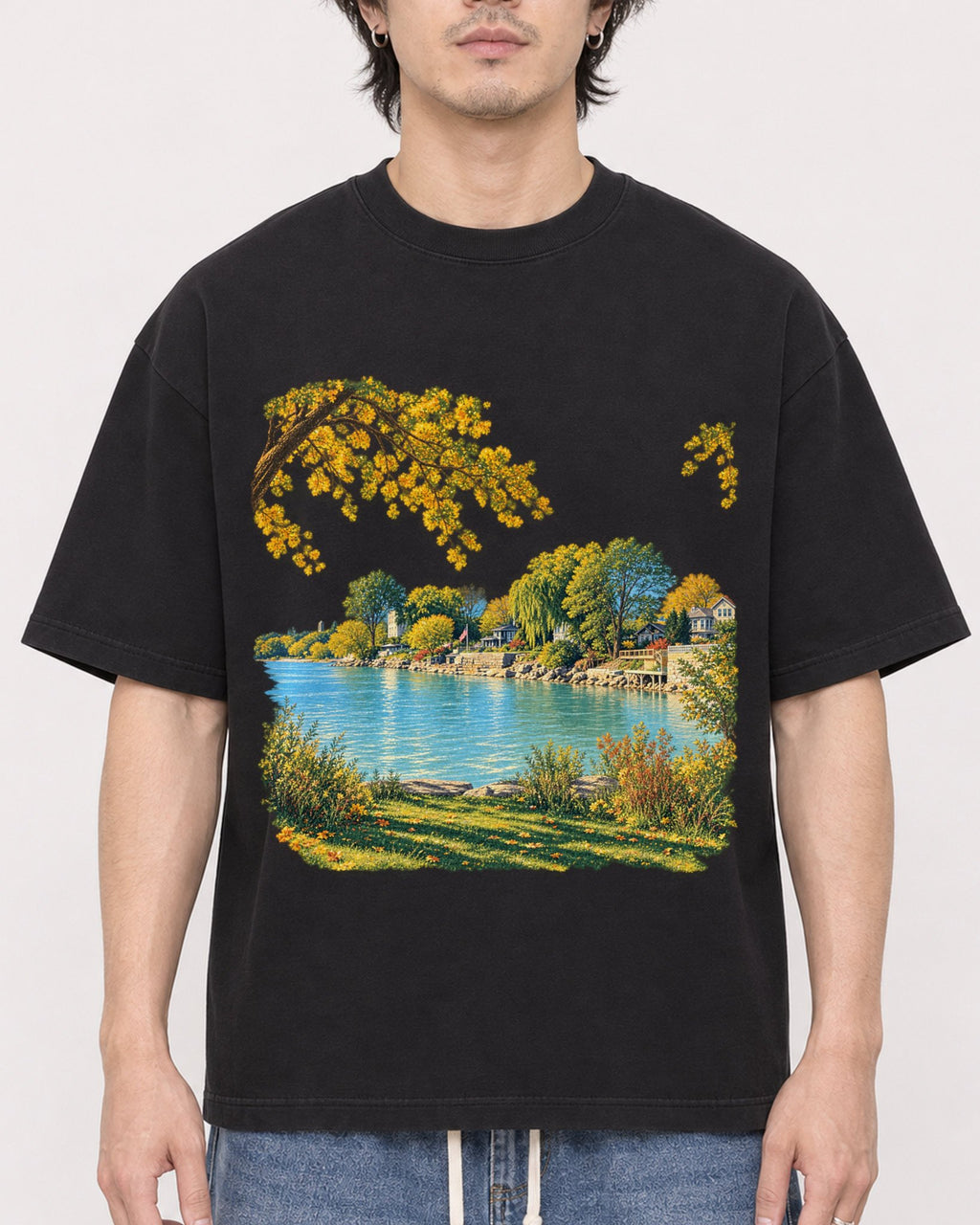 Mockup Boxy Heavyweight Tee Black male close-up 03