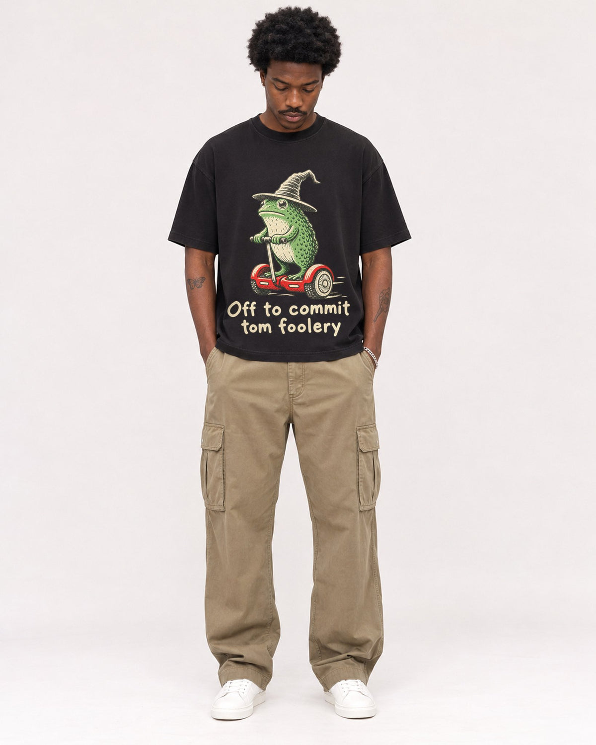 Mockup Boxy Heavyweight Tee Black male full-body 24