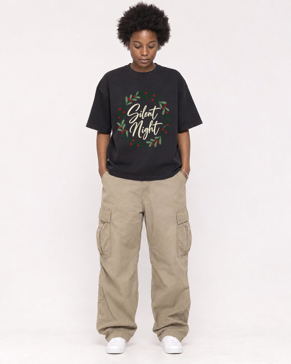 Mockup Boxy Heavyweight Tee Black female full-body 14