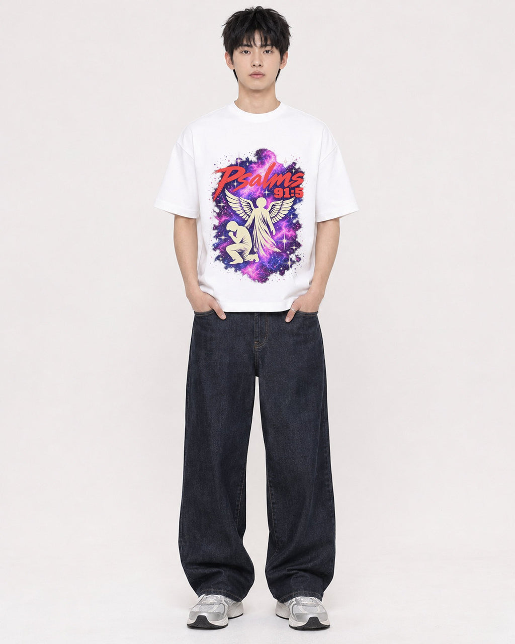 Mockup Boxy Heavyweight Tee White male full-body 01