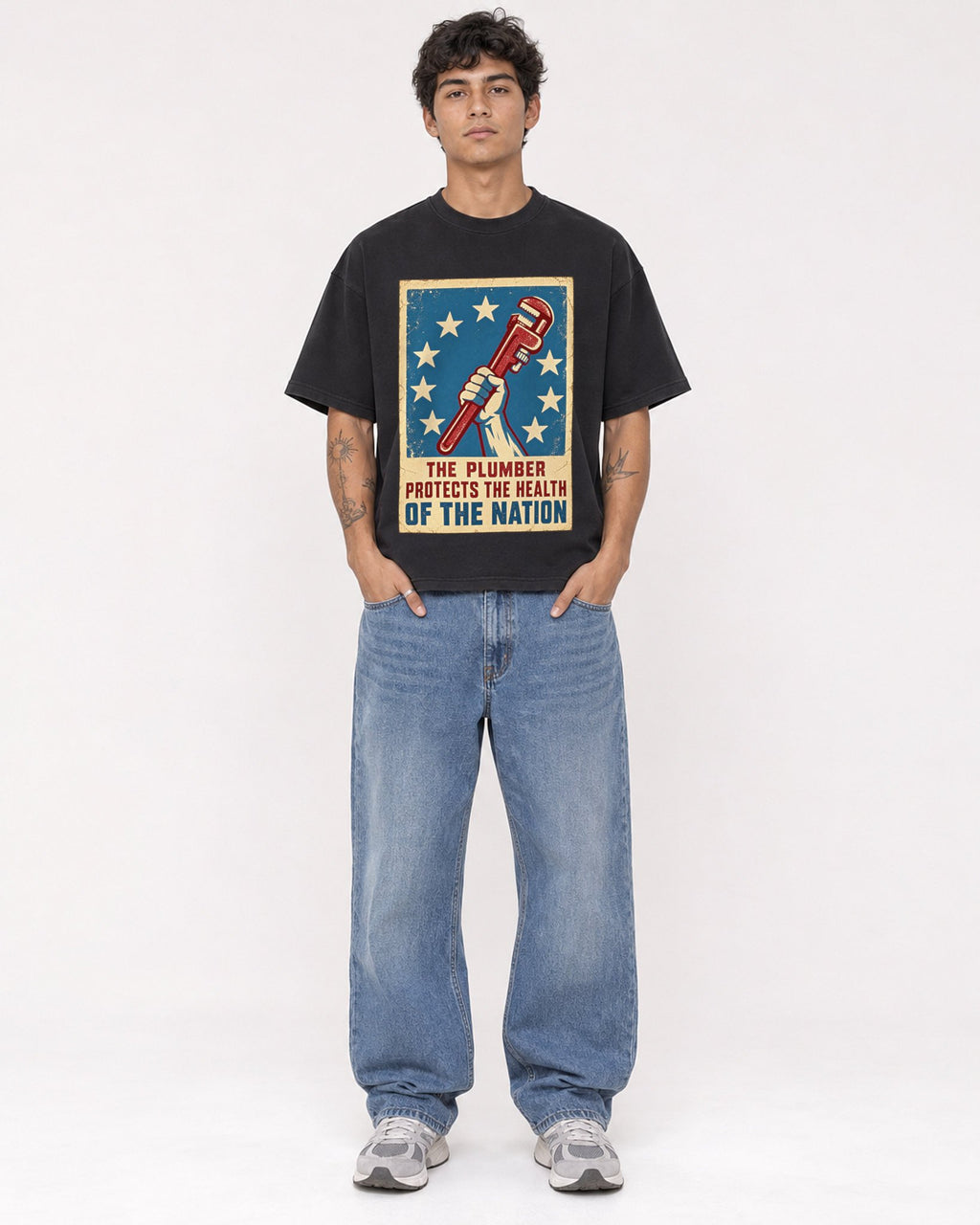 Mockup Boxy Heavyweight Tee Black male full-body 06