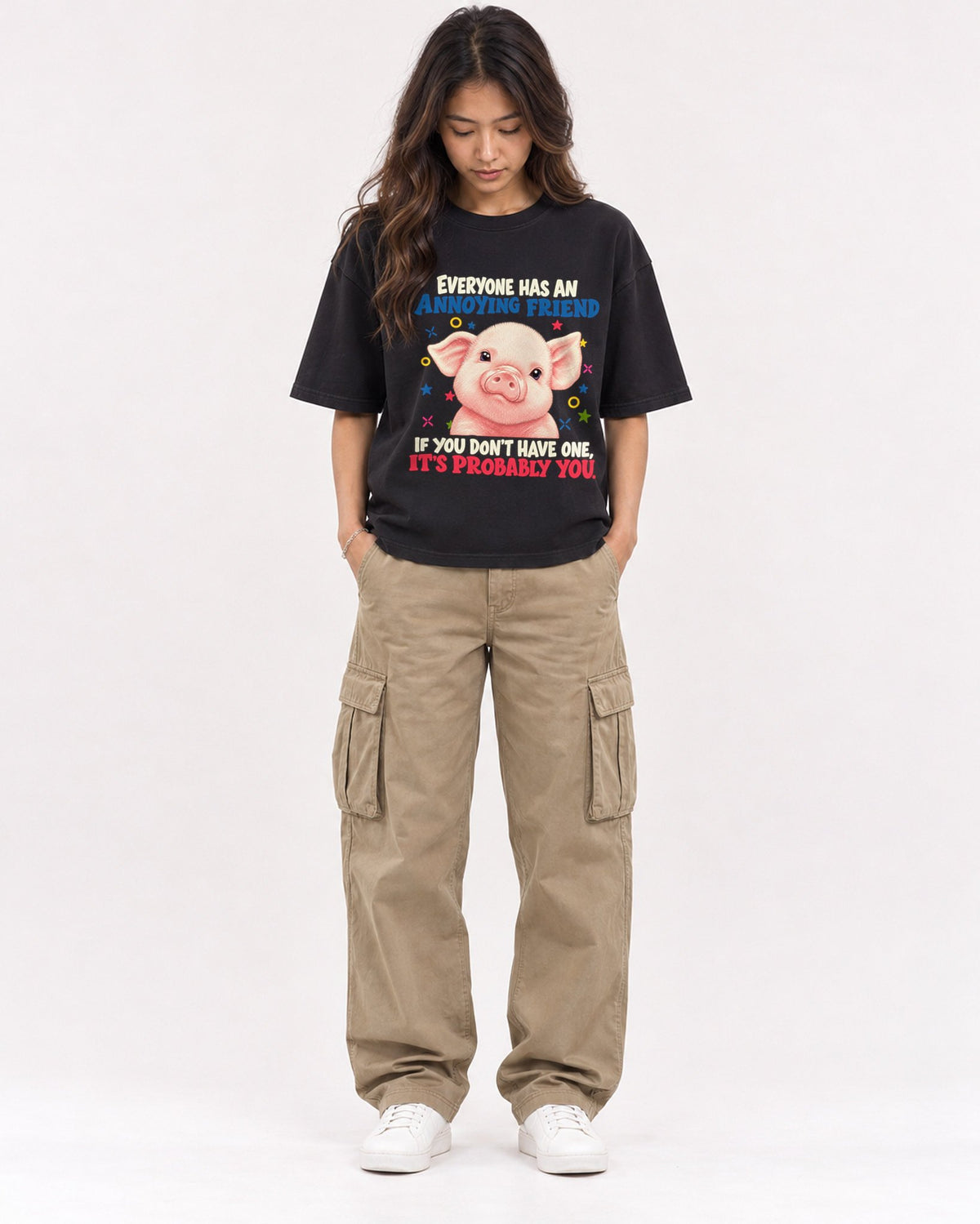 Mockup Boxy Heavyweight Tee Black female full-body 02