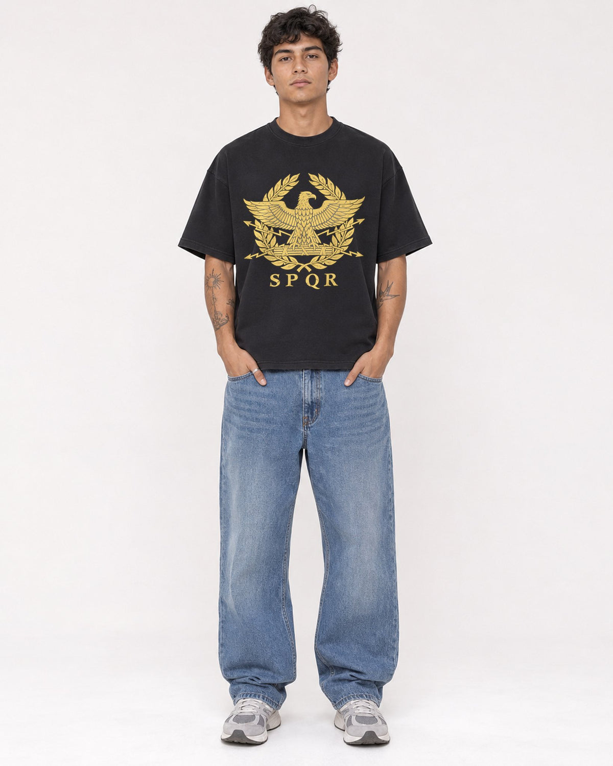 Mockup Boxy Heavyweight Tee Black male full-body 06