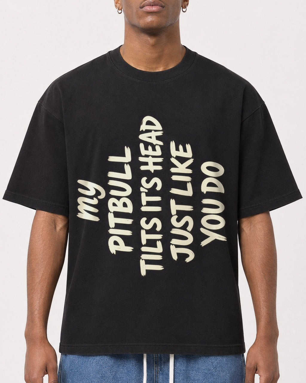 Mockup Boxy Heavyweight Tee Black male close-up 15