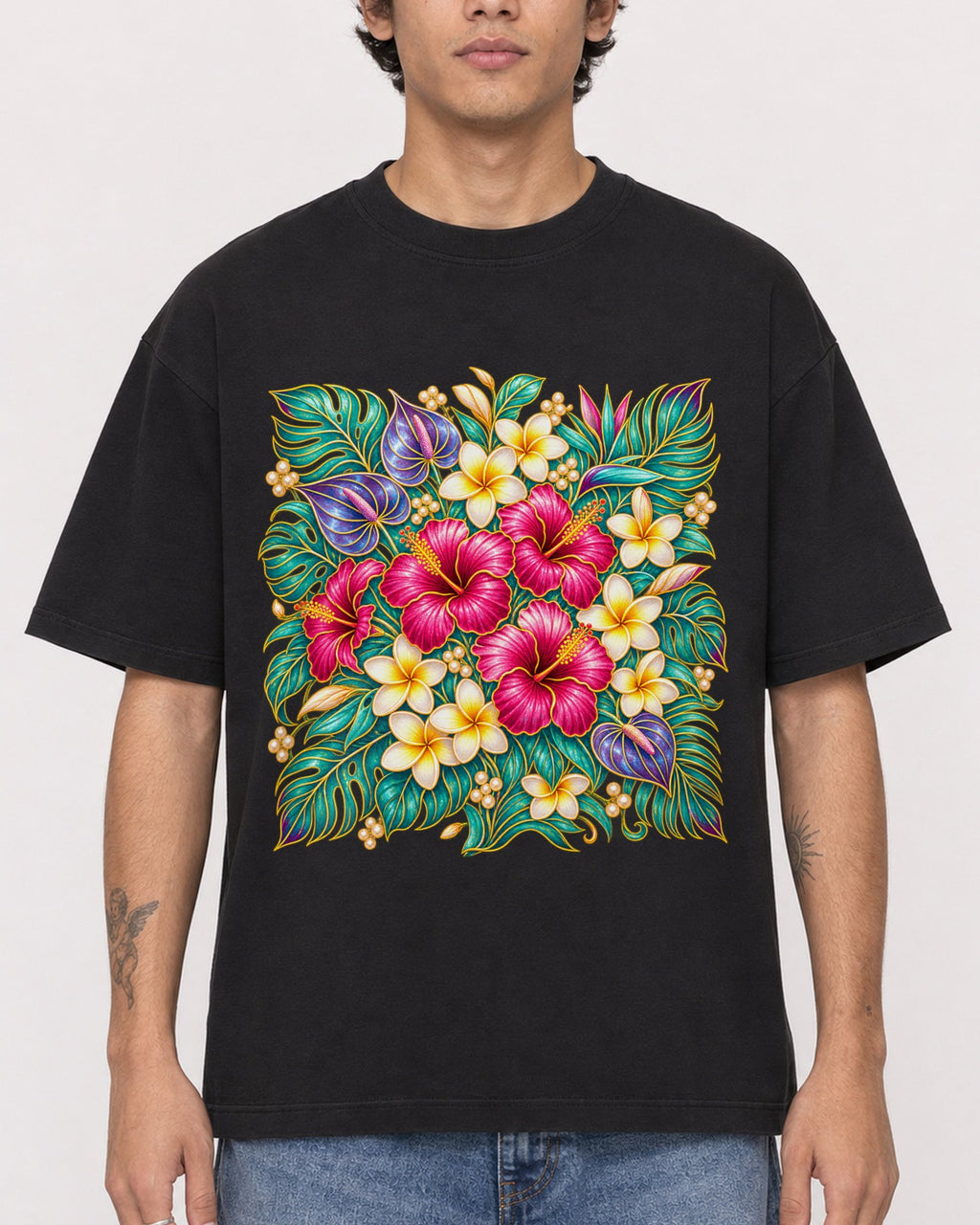 Mockup Boxy Heavyweight Tee Black male close-up 06