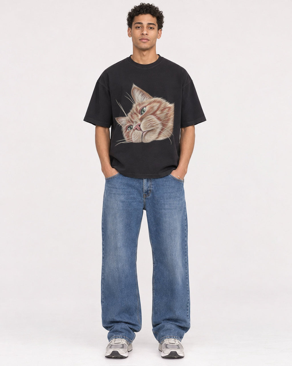 Mockup Boxy Heavyweight Tee Black male full-body 10