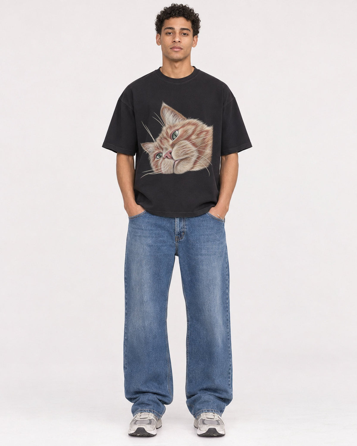 Mockup Boxy Heavyweight Tee Black male full-body 10