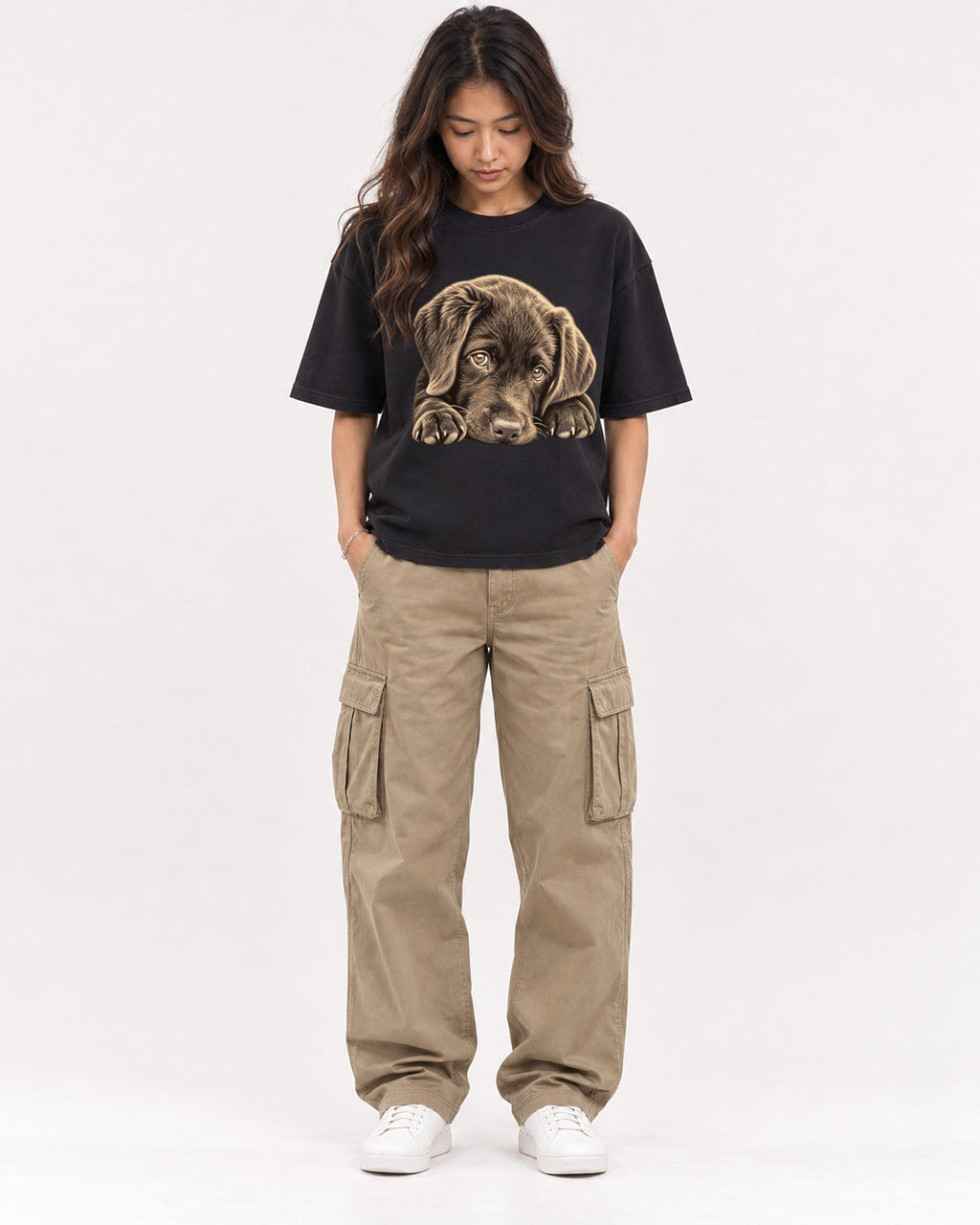 Mockup Boxy Heavyweight Tee Black female full-body 02
